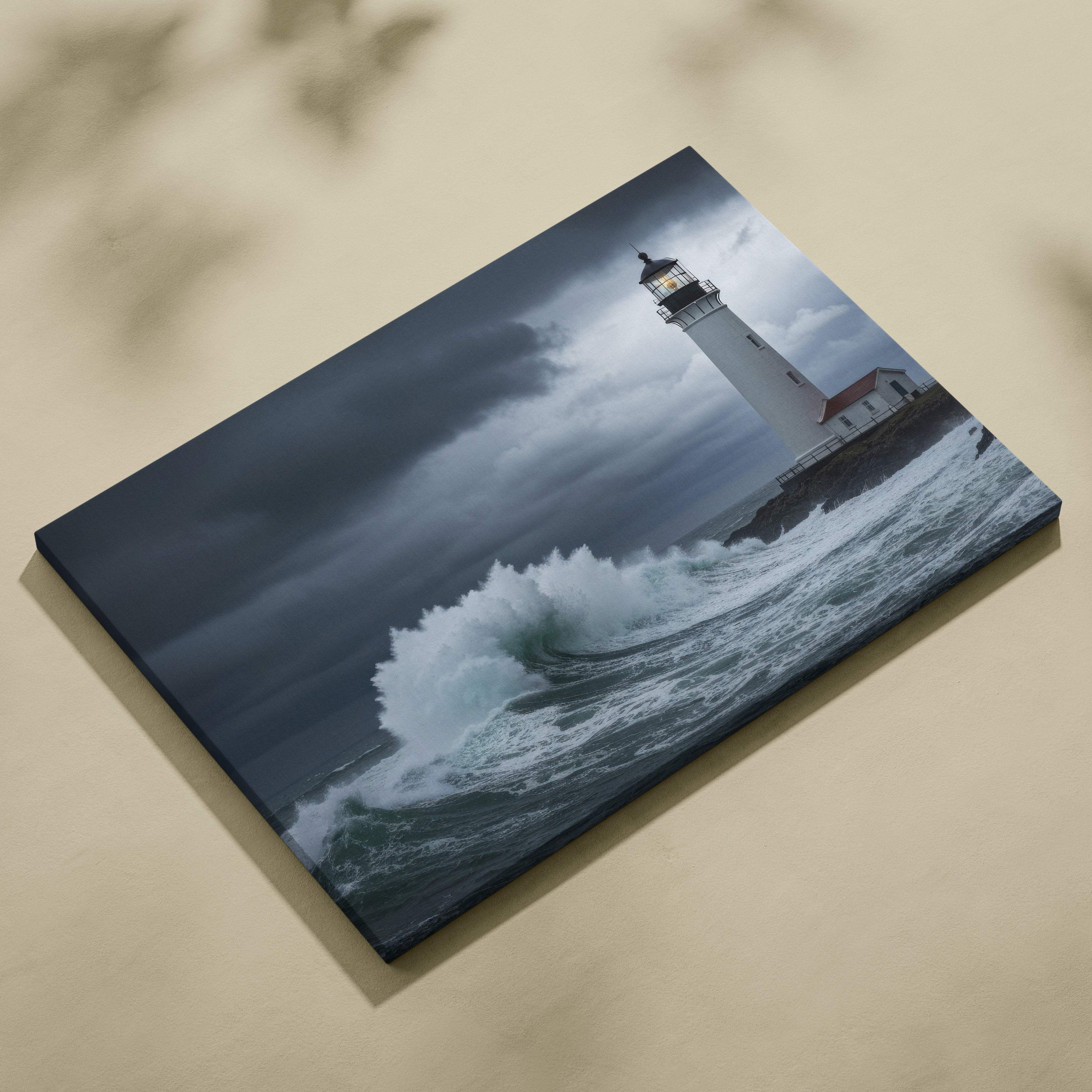 White lighthouse canvas print showing a stormy sea with crashing waves and a dark moody sky for coastal decor