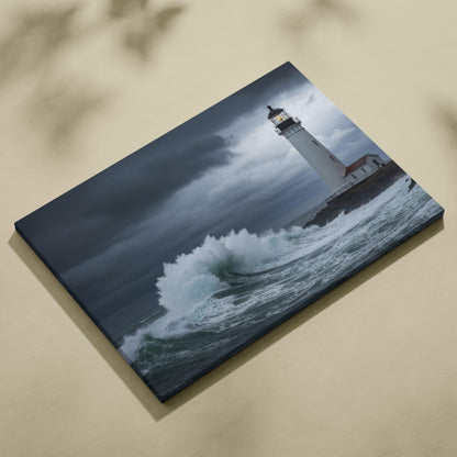 White lighthouse canvas print showing a stormy sea with crashing waves and a dark moody sky for coastal decor