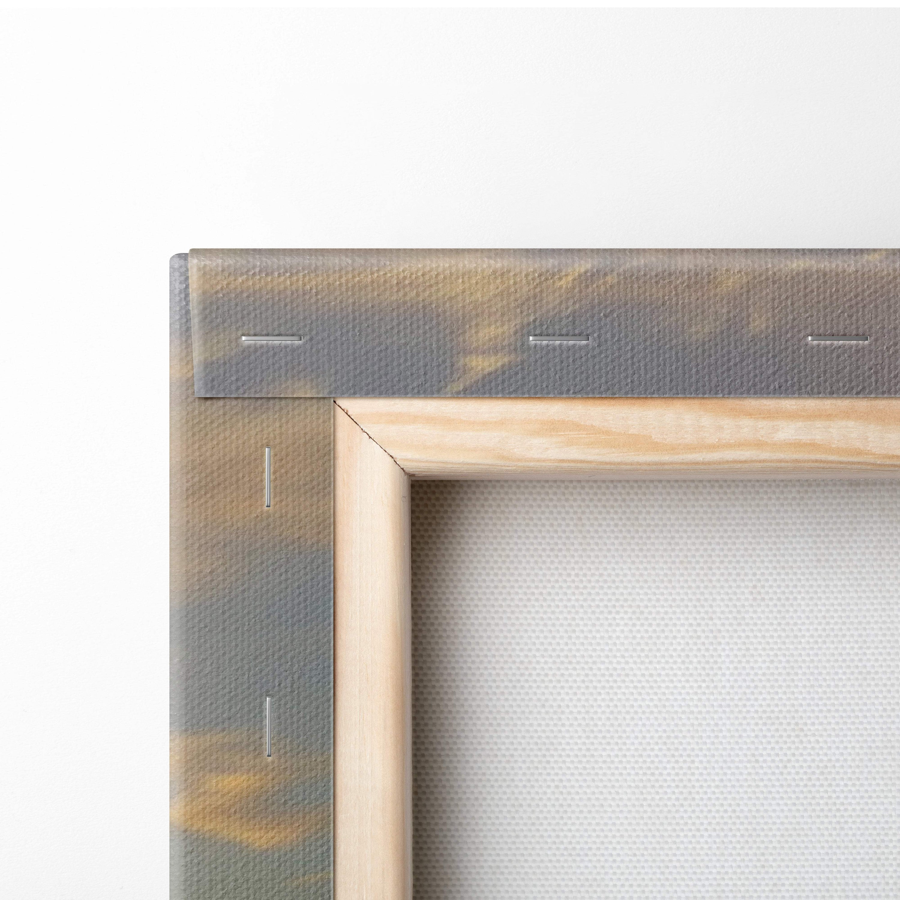 Light-colored wooden frame with canvas painting in muted earth tones featuring subtle stitching for motivational wall art