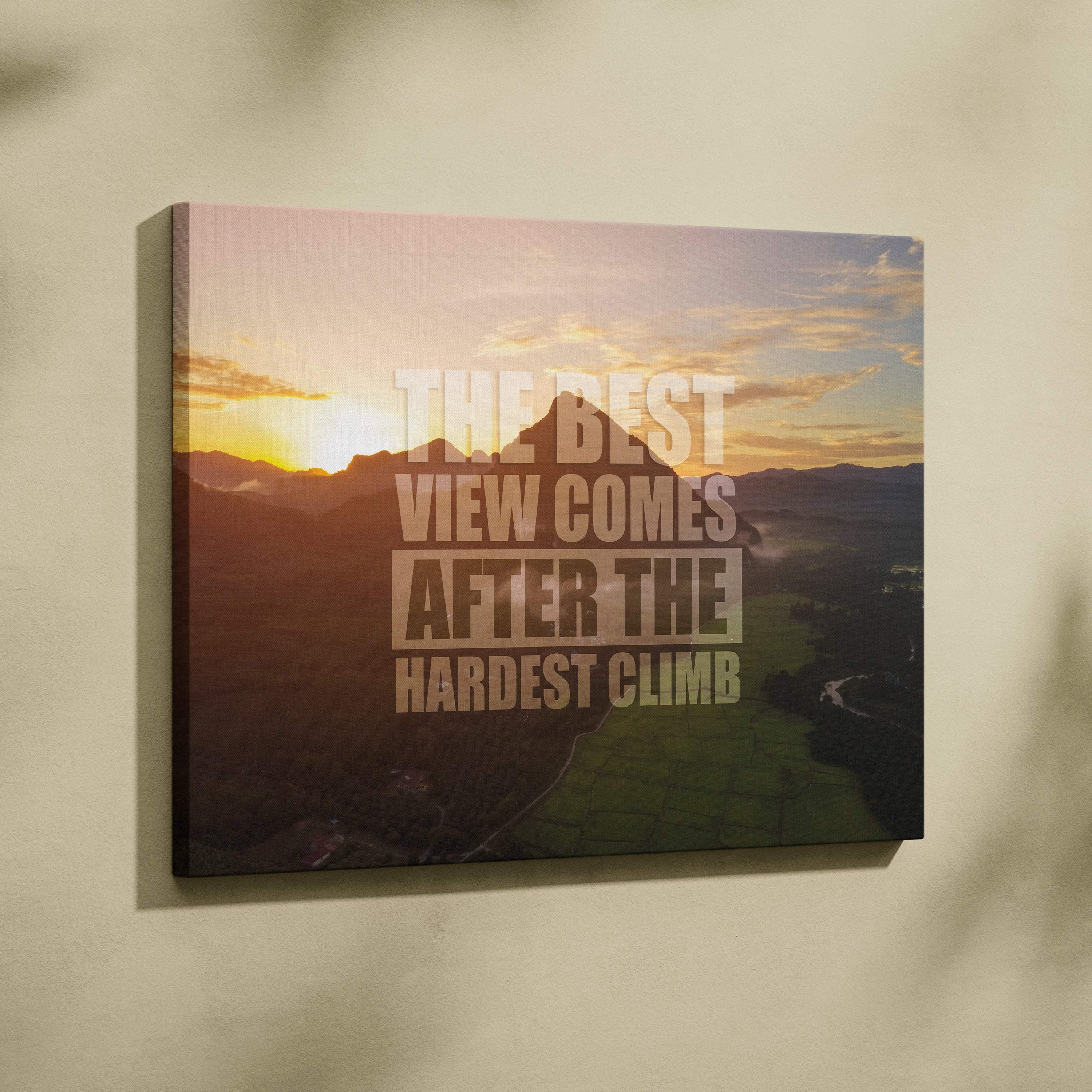 Rectangular canvas wall art of a mountain sunrise with motivational text the best view comes after the hardest climb