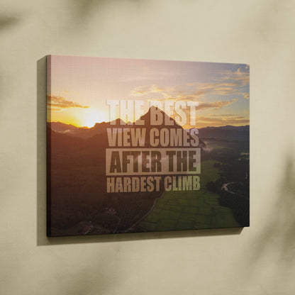 Rectangular canvas wall art of a mountain sunrise with motivational text the best view comes after the hardest climb