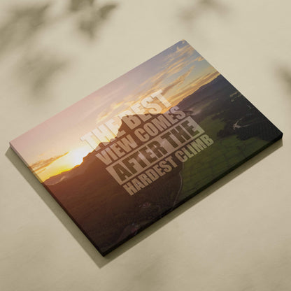 Motivational mountain sunrise canvas wall art with sunset over mountains and bold white inspirational quote text