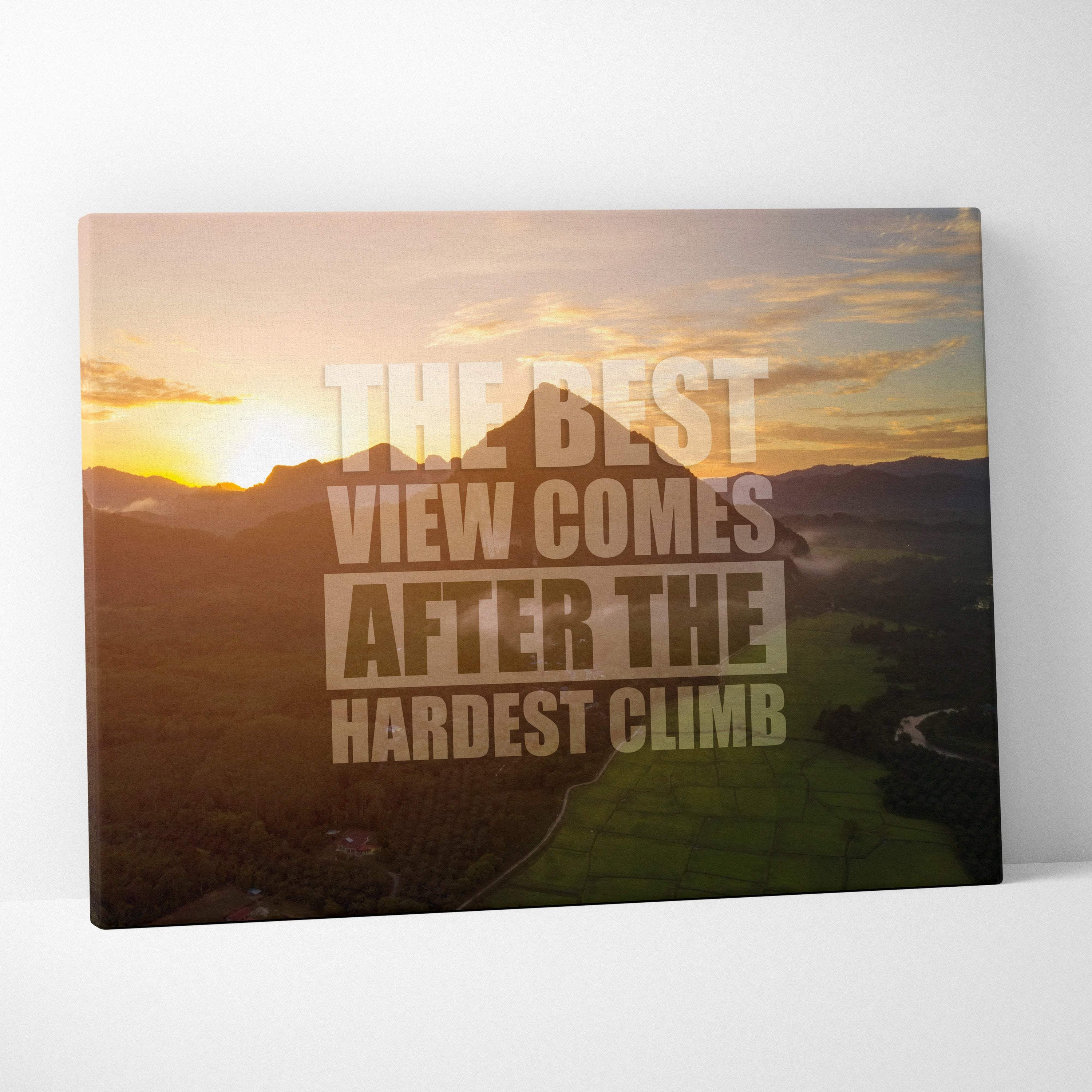 Motivational mountain sunrise canvas wall art with beige text featuring a sunset mountain landscape for nature decor