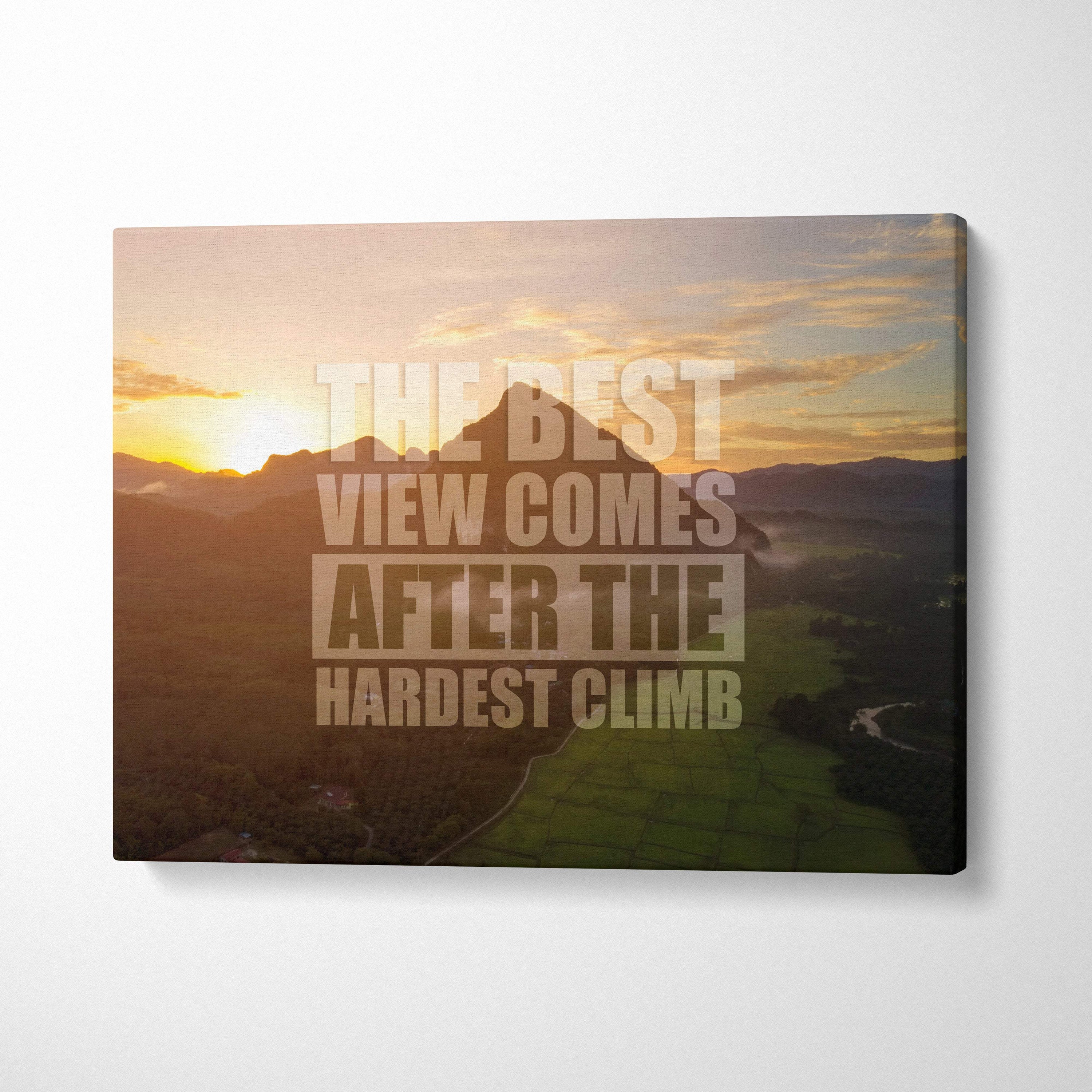 Motivational mountain sunrise canvas wall art with scenic sunset landscape and bold white inspirational text decor