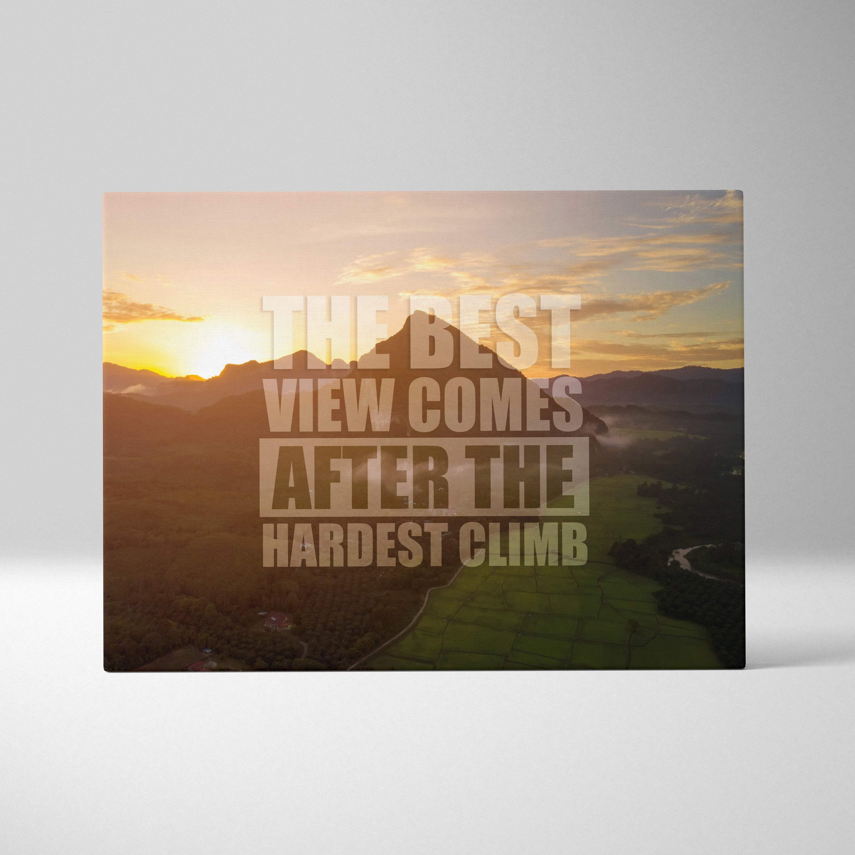 Motivational mountain sunrise canvas wall art with scenic mountain landscape at sunset and inspirational quote in white lettering