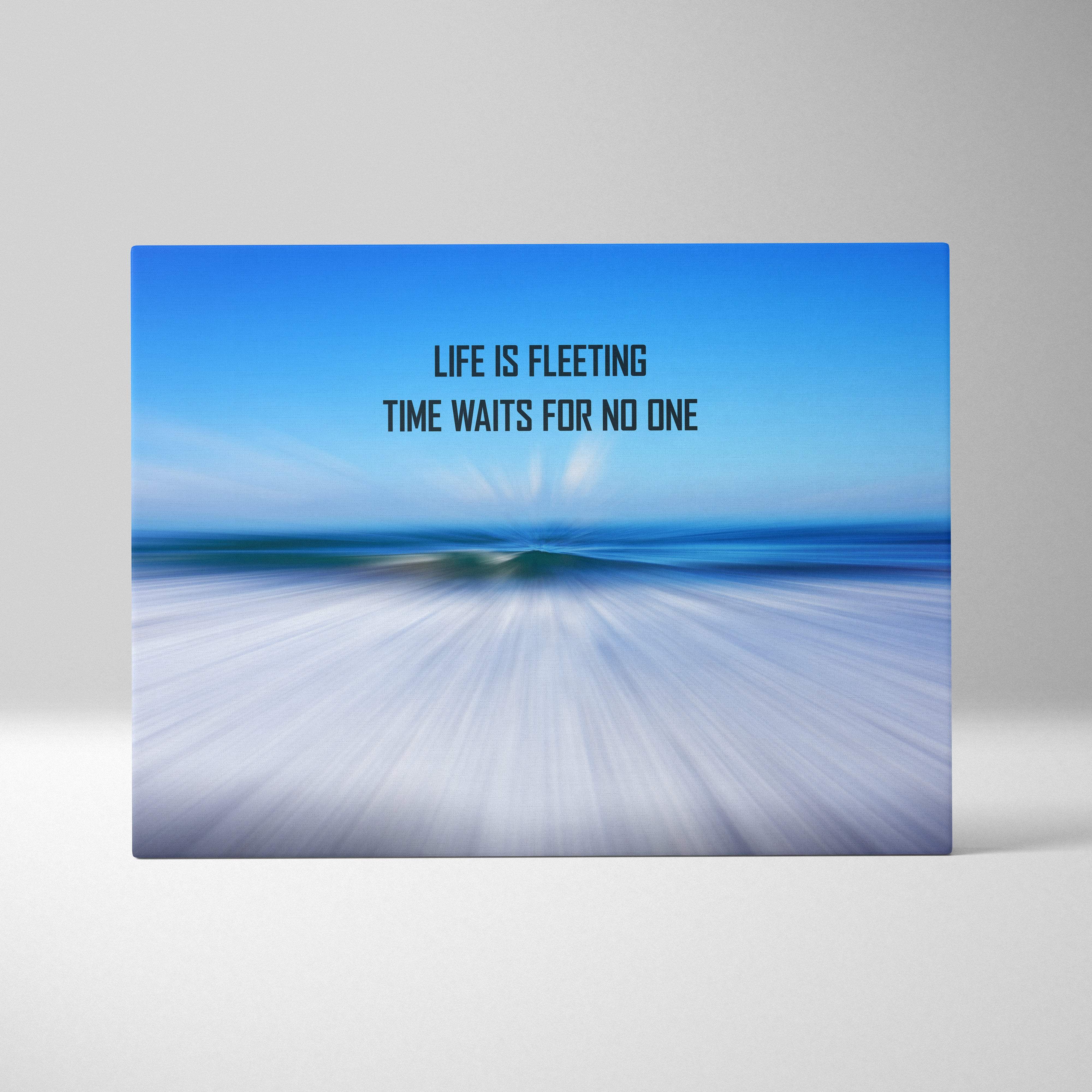 Blue ocean wave canvas print with dark lettering life is fleeting time waits for no one motivational wall art