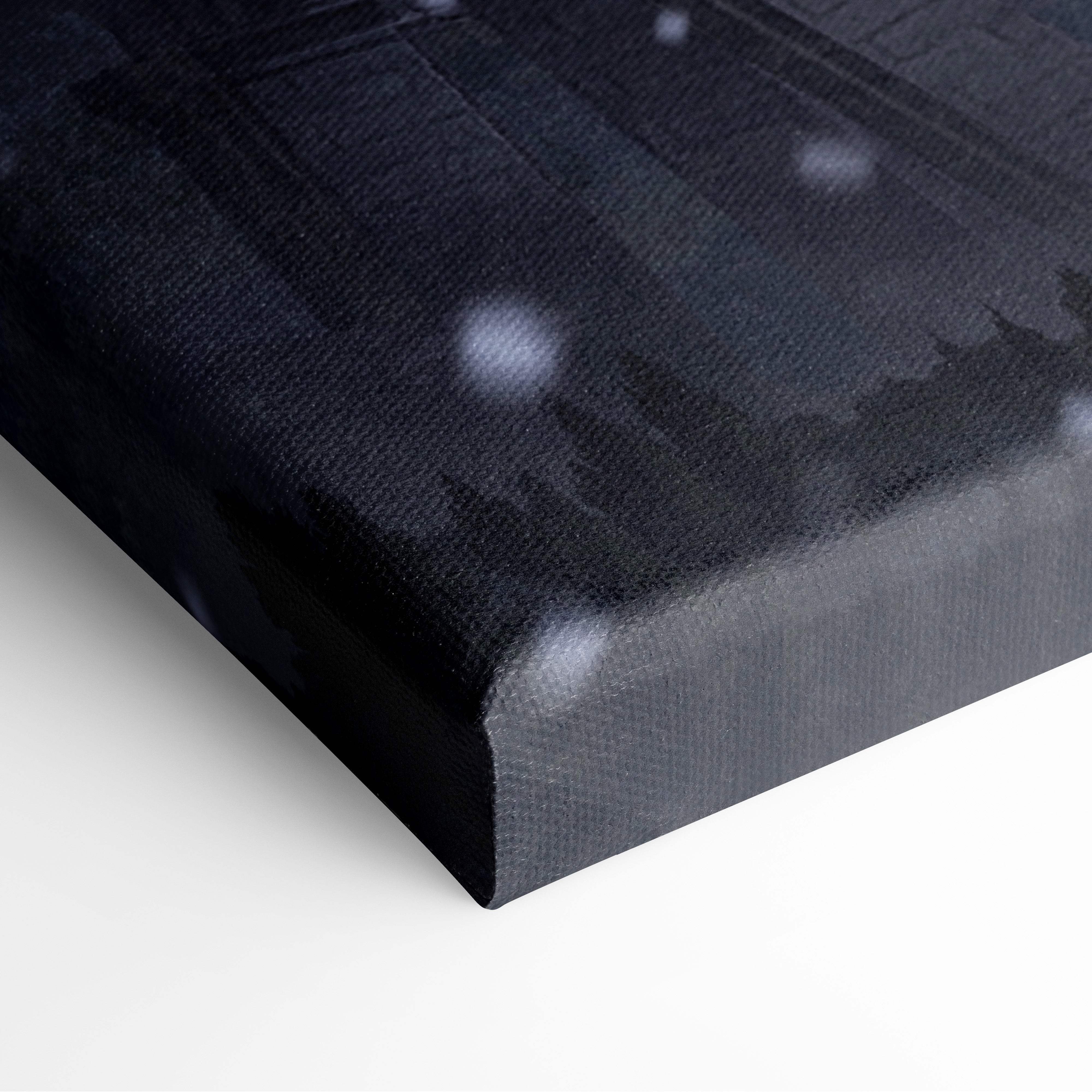 Black canvas print with textured surface and white speckles fantasy snow mountain fortress digital art decor