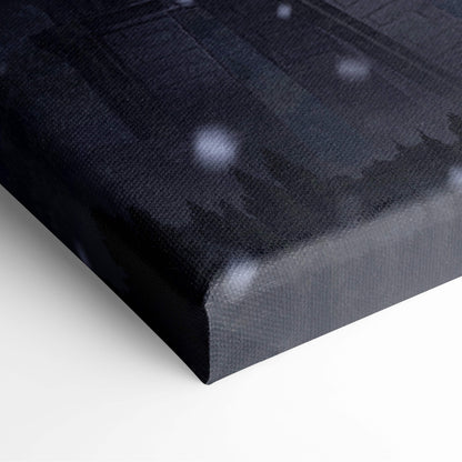 Black canvas print with textured surface and white speckles fantasy snow mountain fortress digital art decor