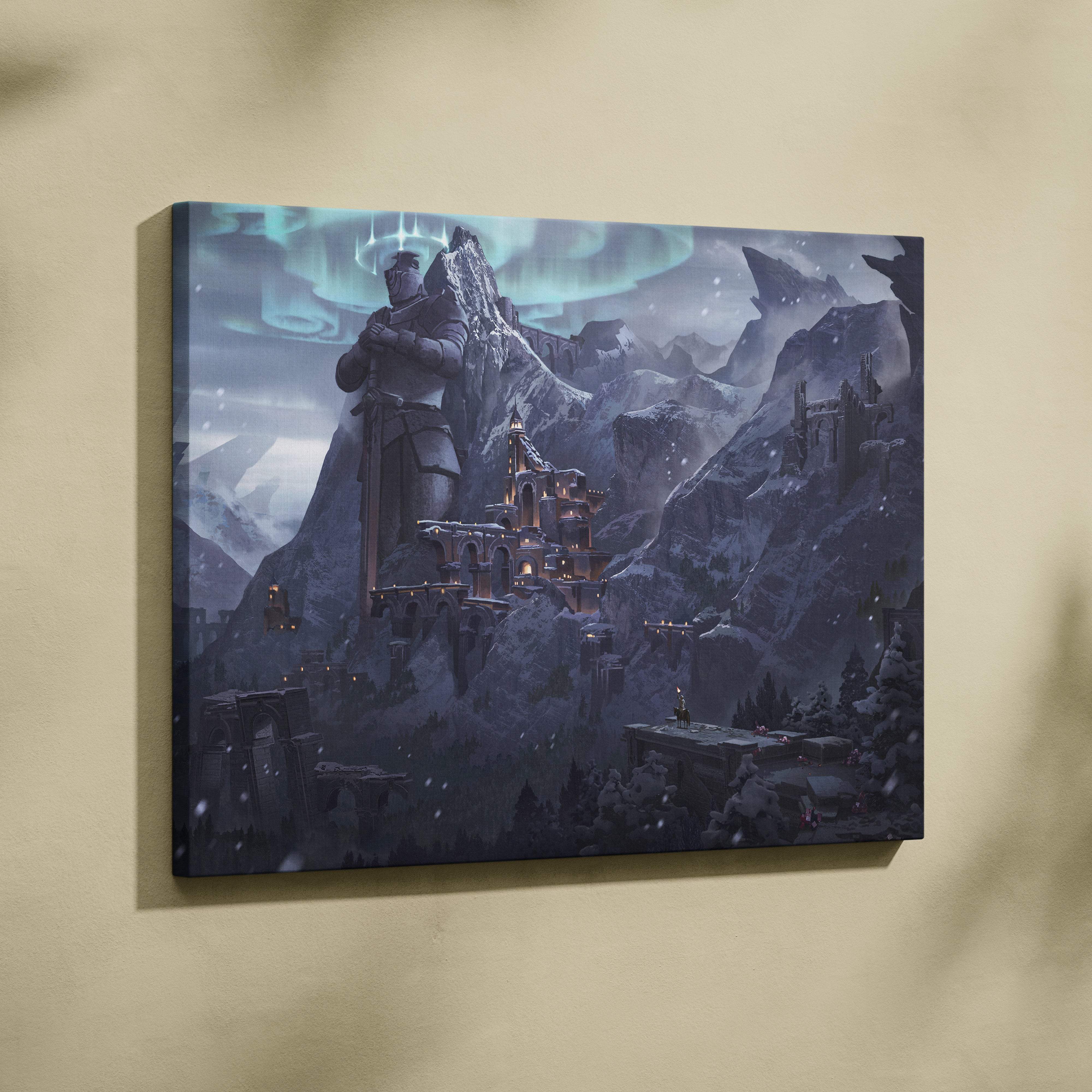 Fantasy snow mountain fortress canvas wall art print featuring a dark armored knight statue and glowing auroras above ruins