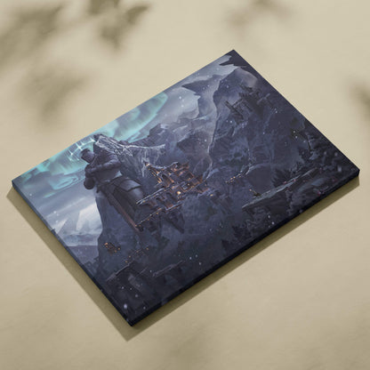 Dark blue canvas print of fantasy snow mountain fortress with glowing auroras and ancient stone structure for gaming room decor