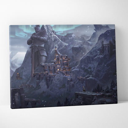 Rectangular canvas print of fantasy snow mountain fortress with illuminated stone architecture and armored knight statue