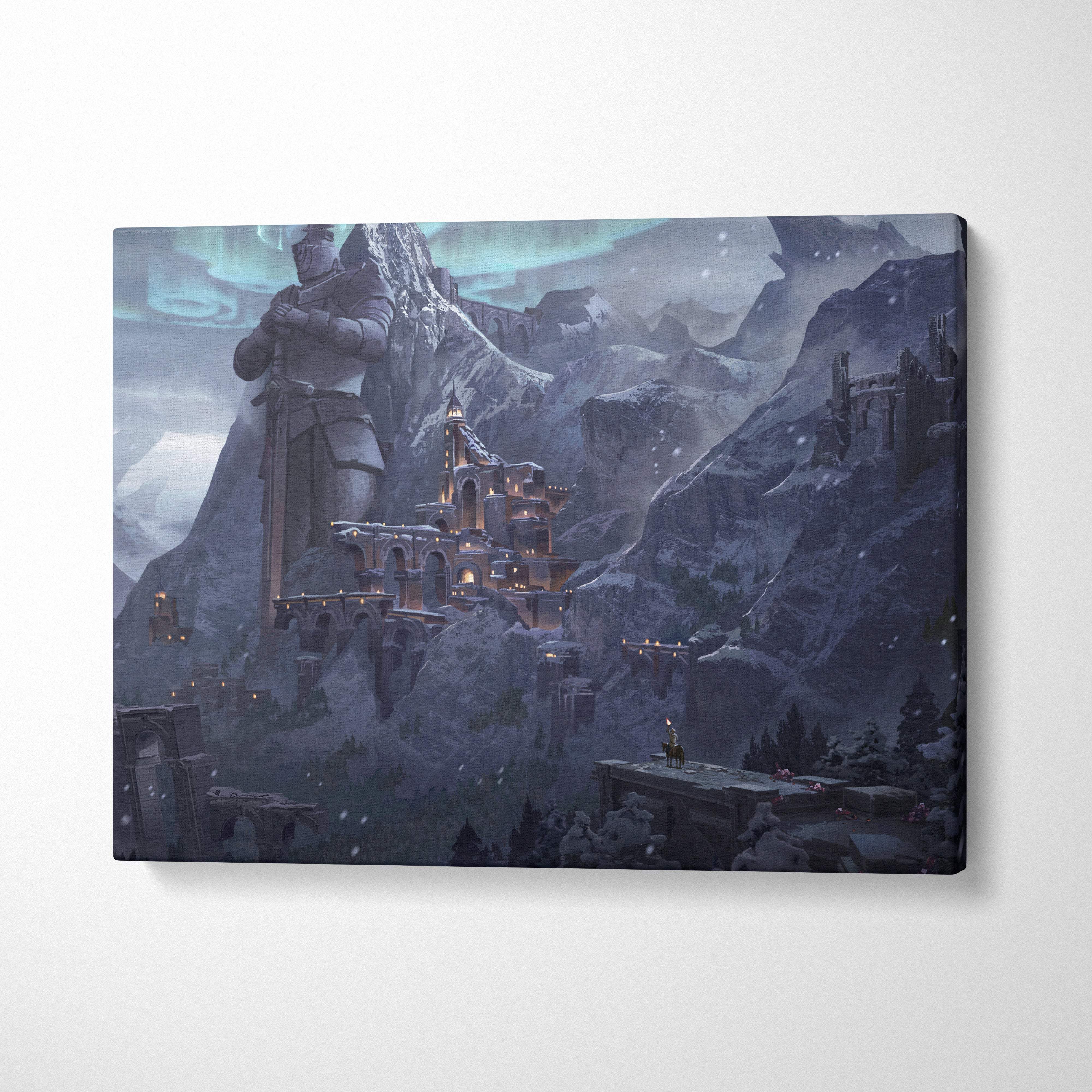 A framed canvas print of a majestic snow-dusted castle on rugged mountains under an aurora-lit sky for gaming room decor