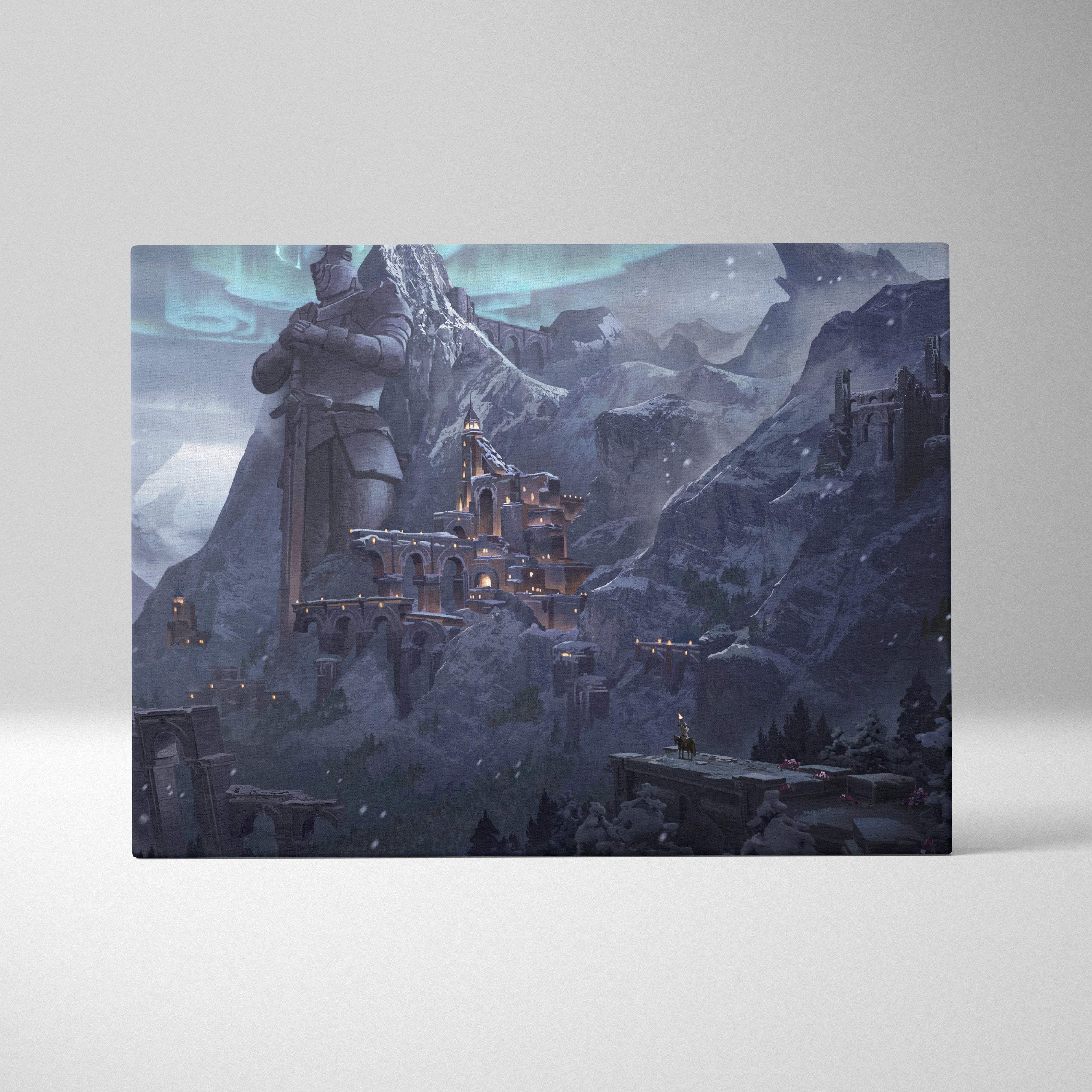 Rectangular canvas print of a fantasy snow mountain fortress with glowing windows and an armored knight statue