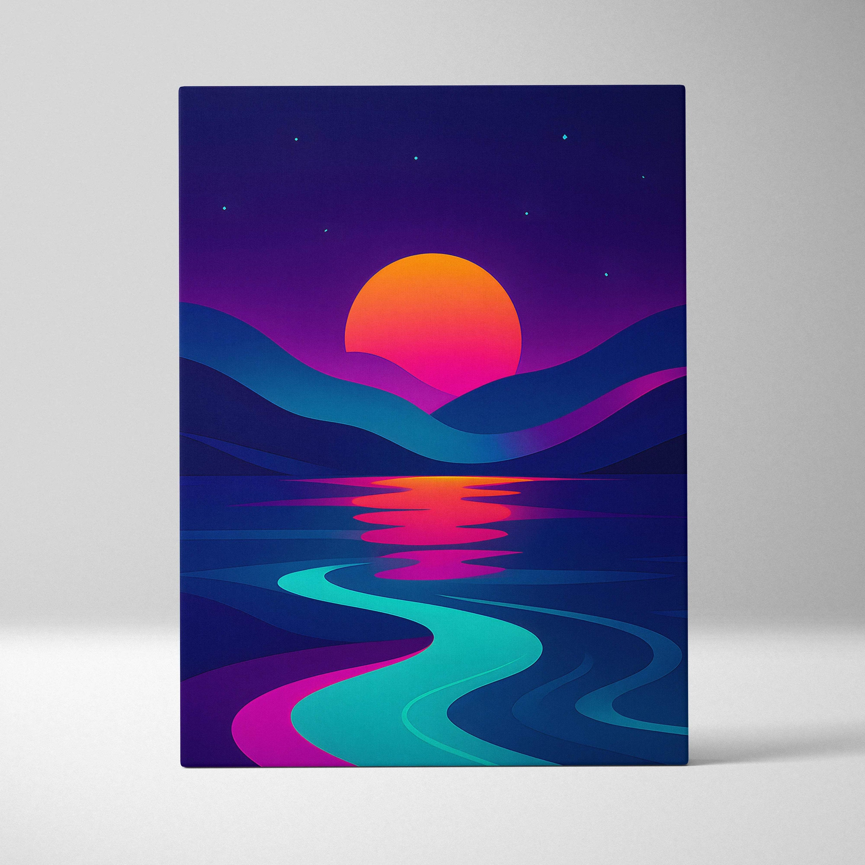 Vibrant cyberpunk sunset canvas wall art with neon gradient mountains and ocean reflections