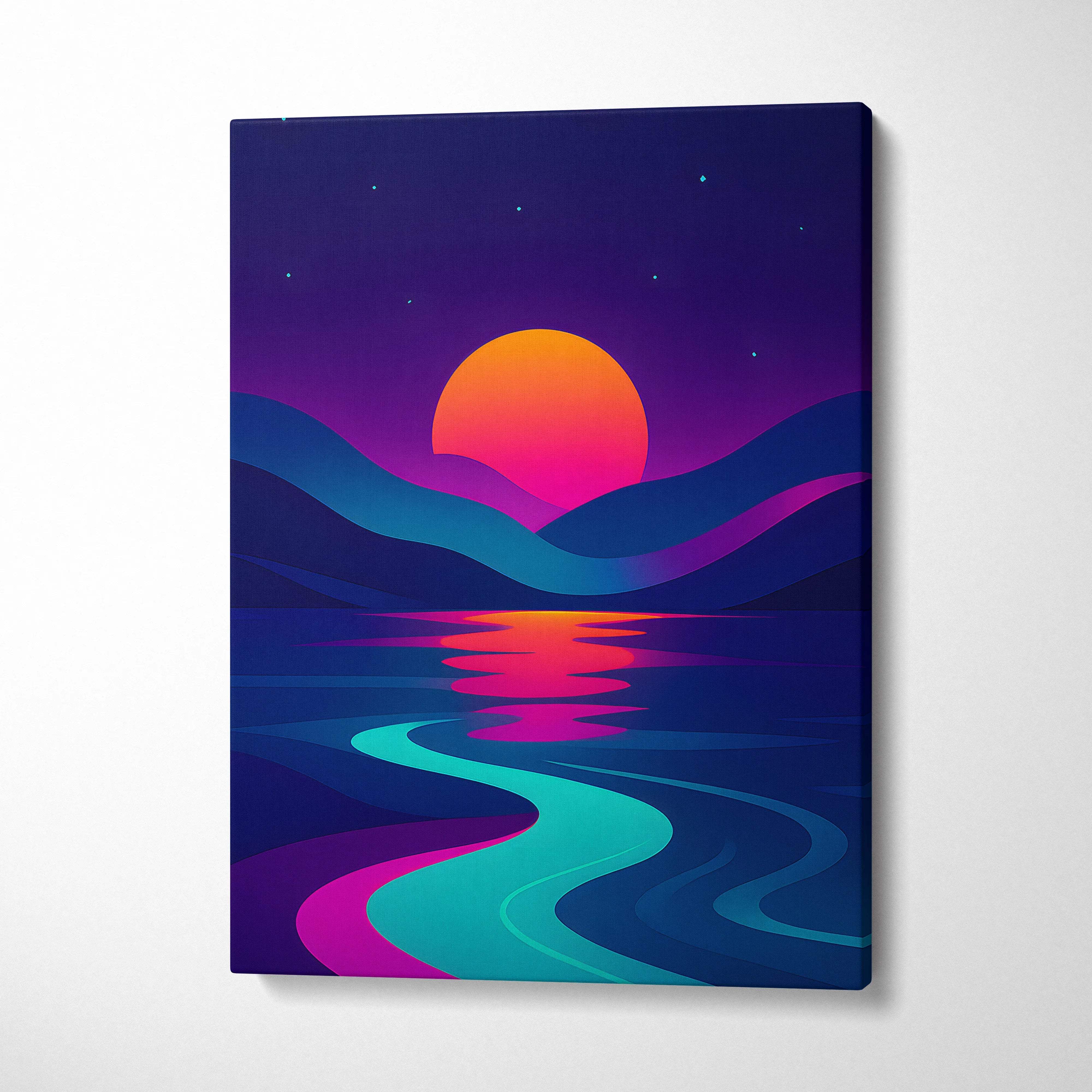 Vibrant cyberpunk sunset canvas print with neon orange sun, teal ocean reflections, purple starry sky