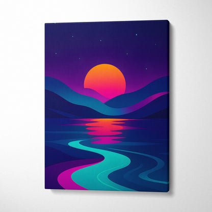 Vibrant cyberpunk sunset canvas print with neon orange sun, teal ocean reflections, purple starry sky
