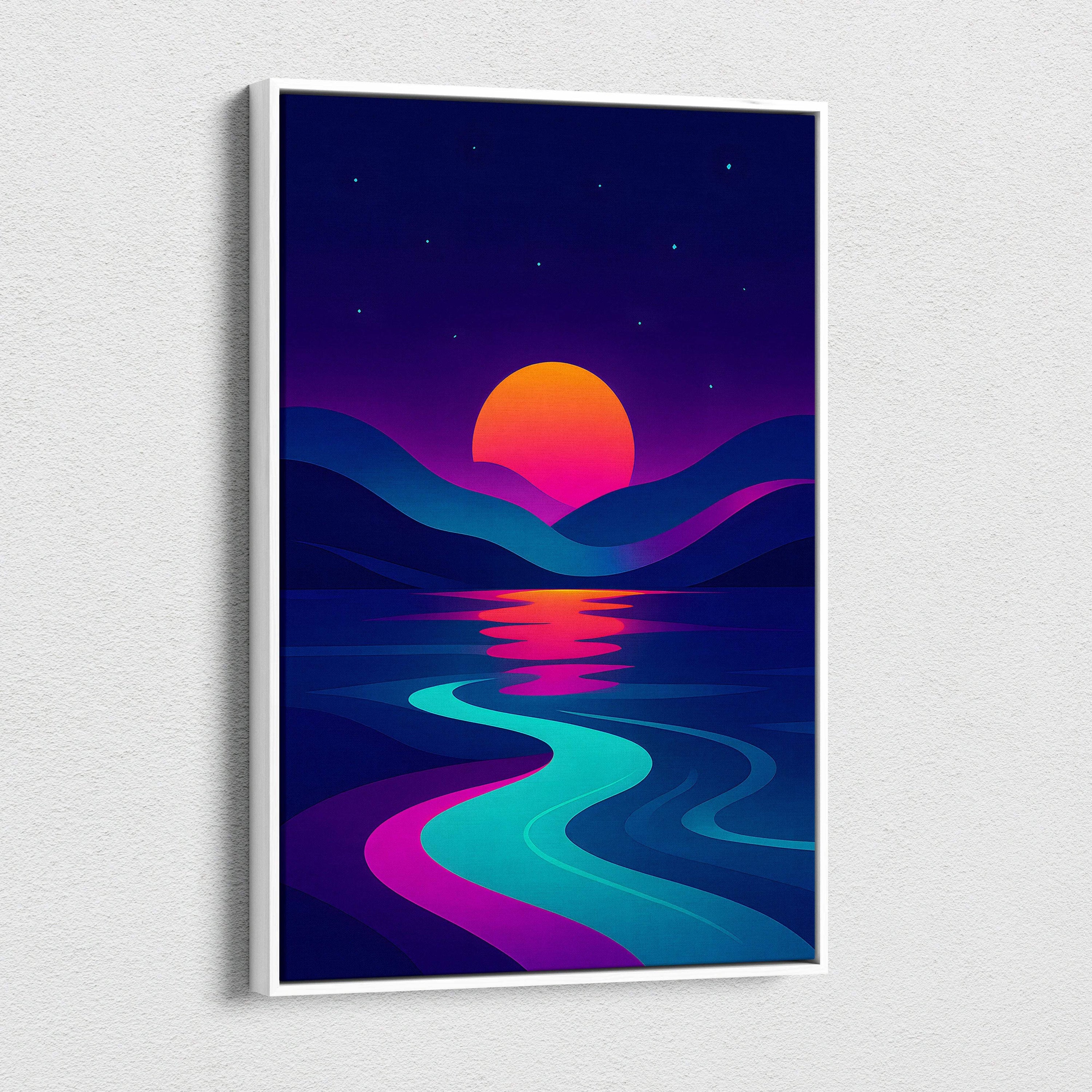 Cyberpunk sunset canvas wall art with neon gradient mountains and ocean reflections