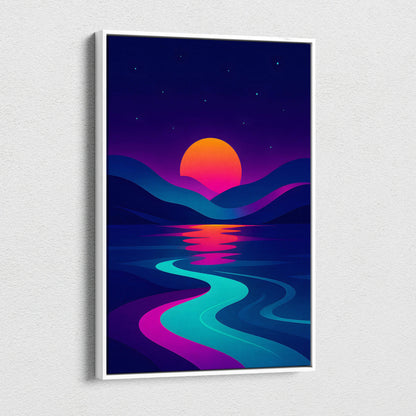 Cyberpunk sunset canvas wall art with neon gradient mountains and ocean reflections