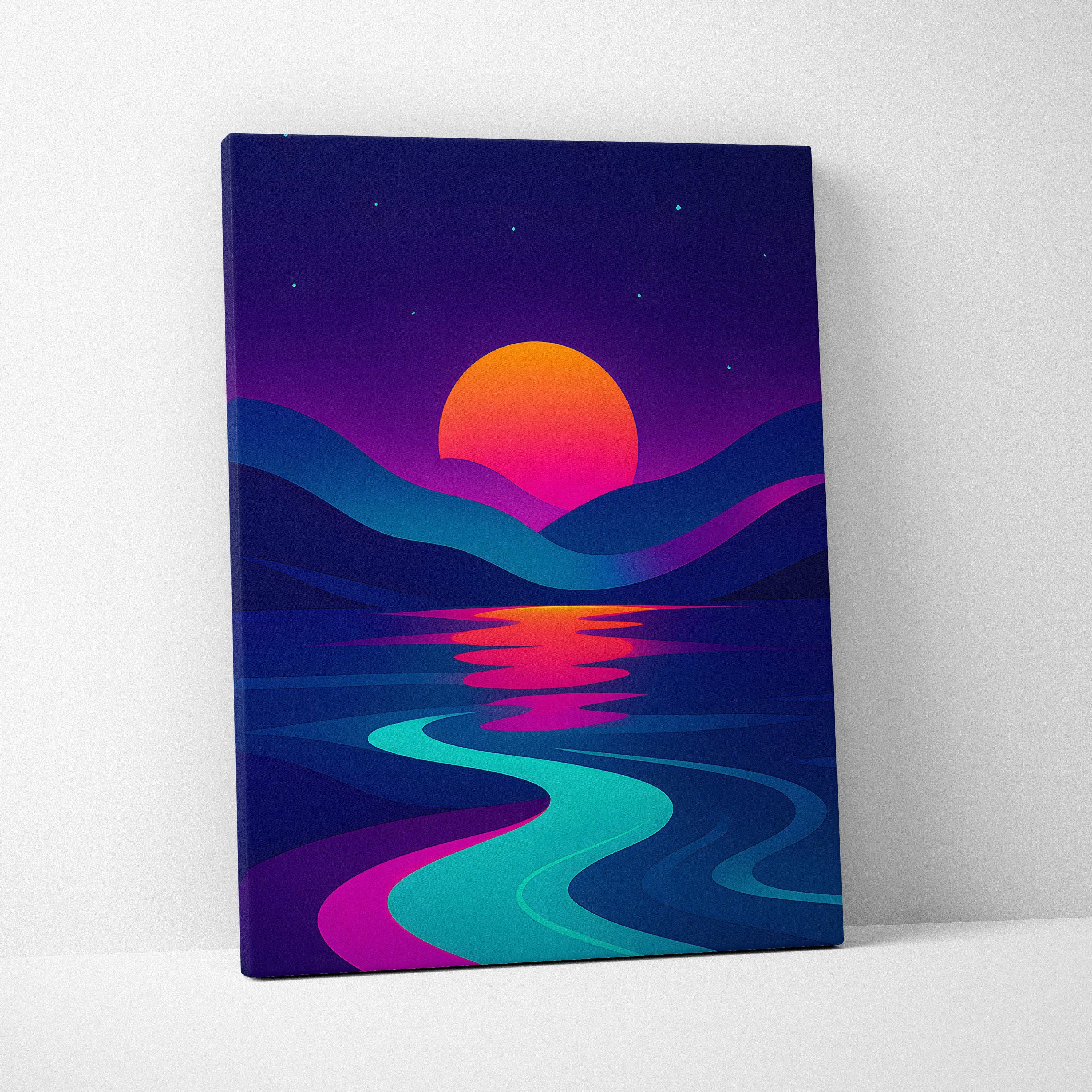 Vibrant cyberpunk sunset canvas print with neon orange sun, teal ocean, purple sky