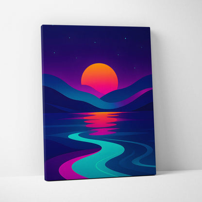 Vibrant cyberpunk sunset canvas print with neon orange sun, teal ocean, purple sky