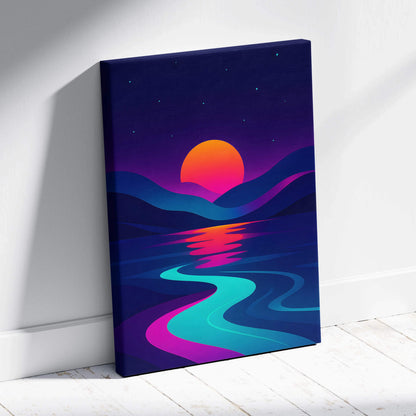 Cyberpunk sunset canvas art with neon orange sun, gradient mountains, teal ocean reflections