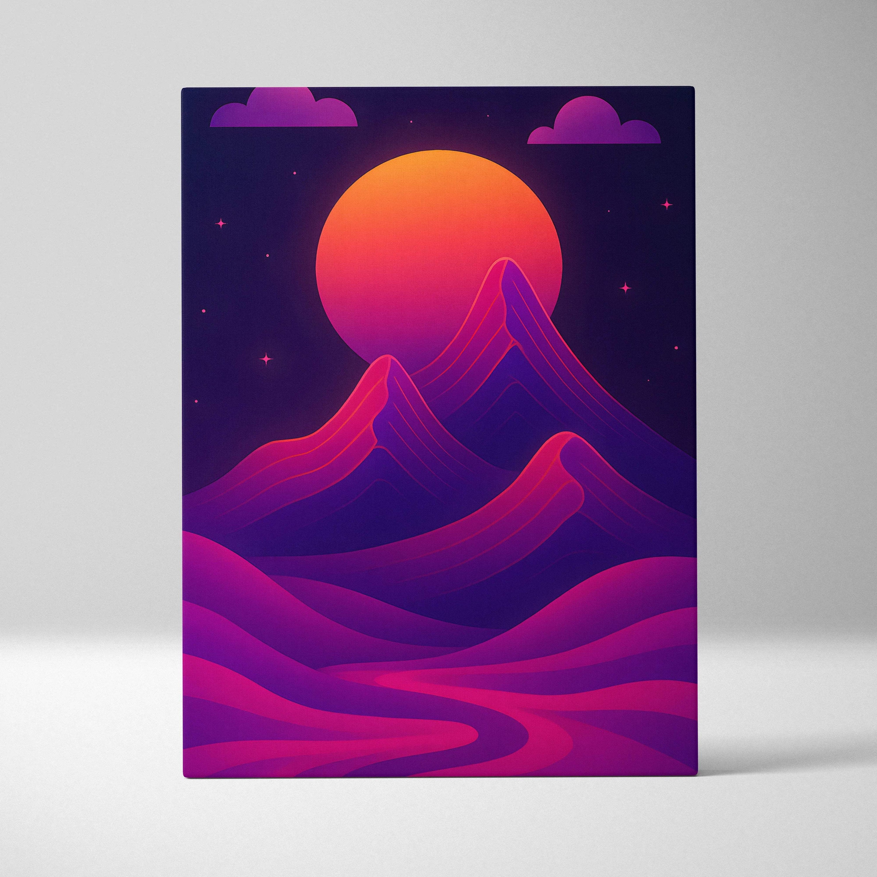 Cyberpunk mountain sunset canvas wall art with neon magenta violet peaks on fiery orange pink sky