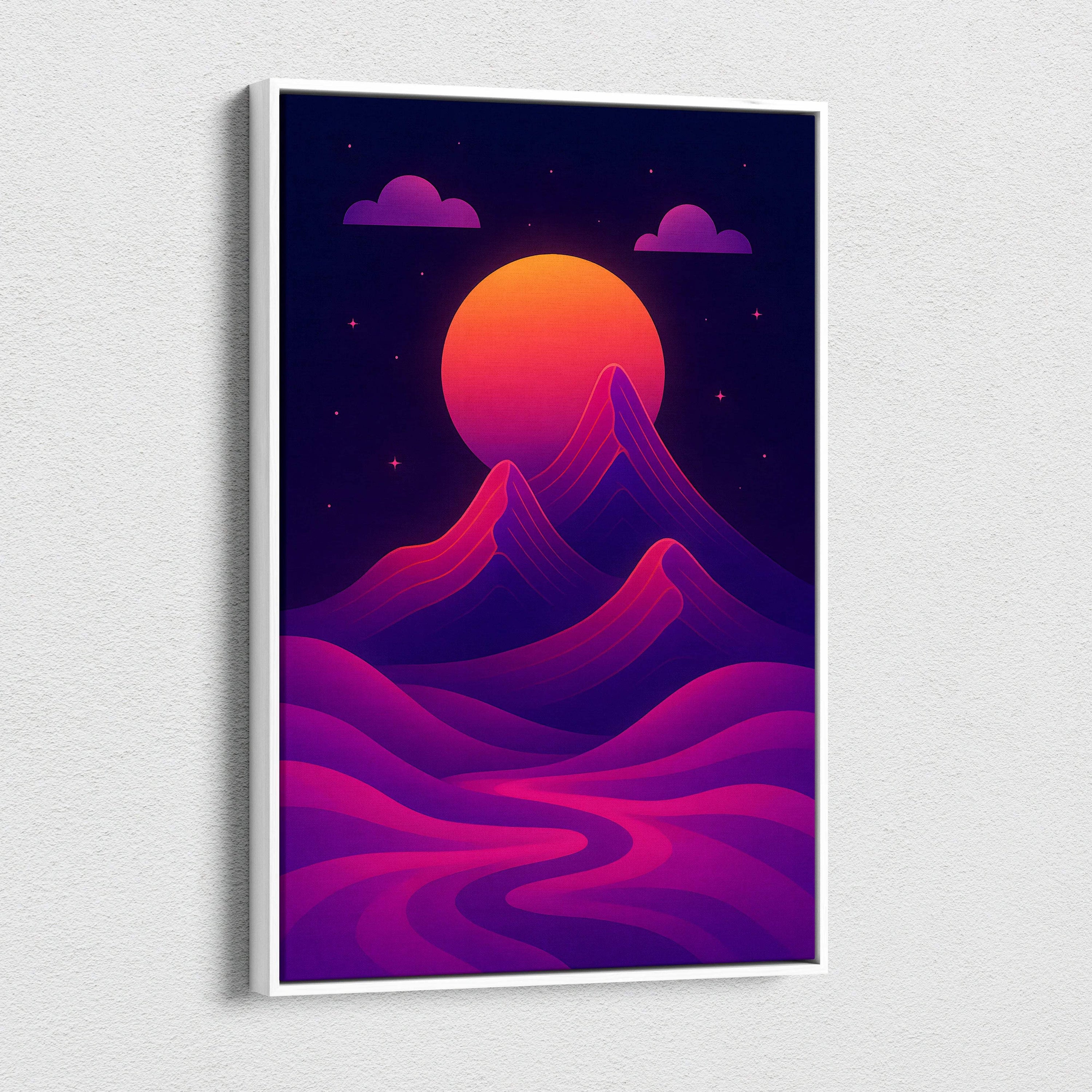 Cyberpunk mountain sunset canvas wall art with neon magenta violet peaks on fiery orange pink sky