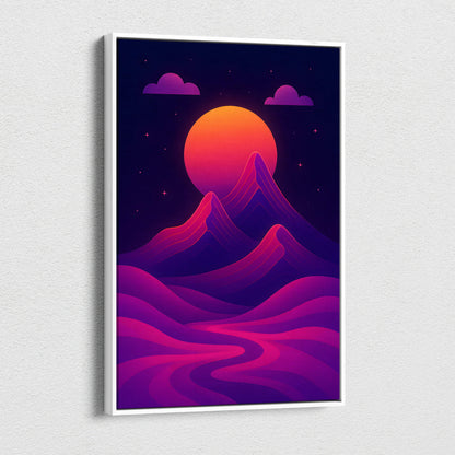 Cyberpunk mountain sunset canvas wall art with neon magenta violet peaks on fiery orange pink sky