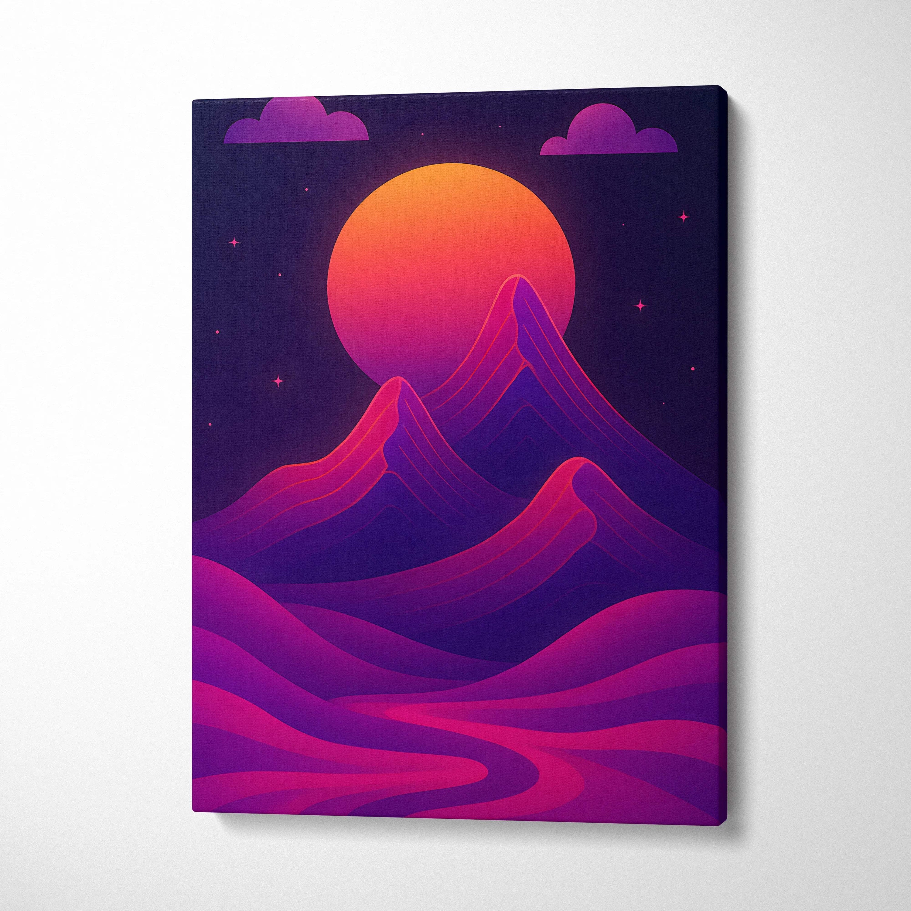 Cyberpunk mountain sunset canvas print with neon magenta violet peaks on fiery orange pink sky