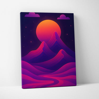 Cyberpunk mountain sunset canvas art with neon magenta violet peaks on fiery orange pink sky
