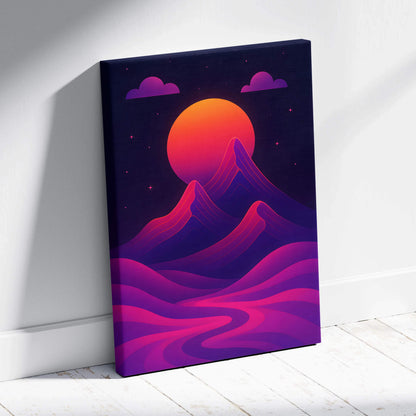 Vibrant cyberpunk canvas print of neon magenta violet peaks and fiery orange sunset