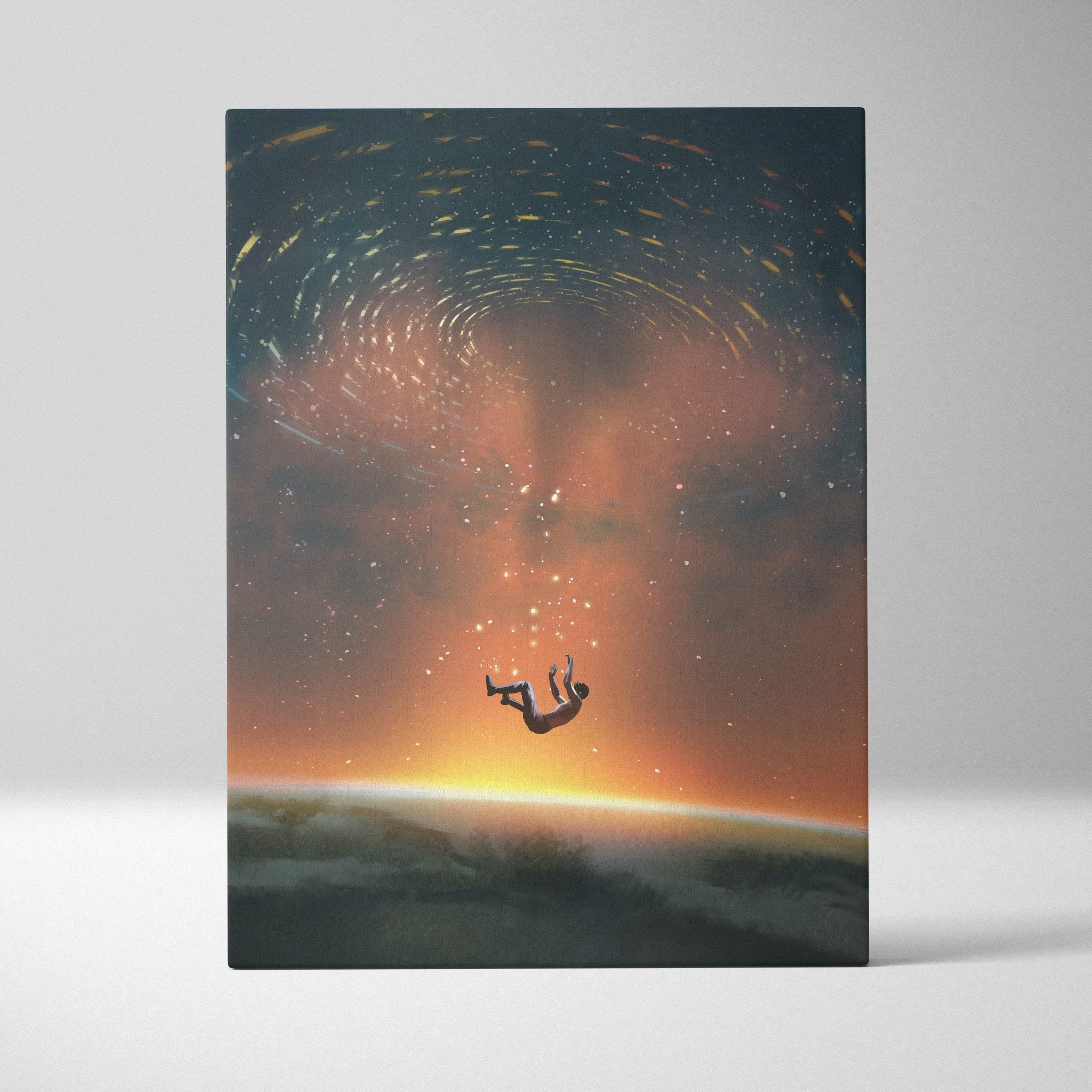 Cosmic ascension canvas wall art featuring a surreal figure falling through a swirling orange and dark blue cosmic vortex