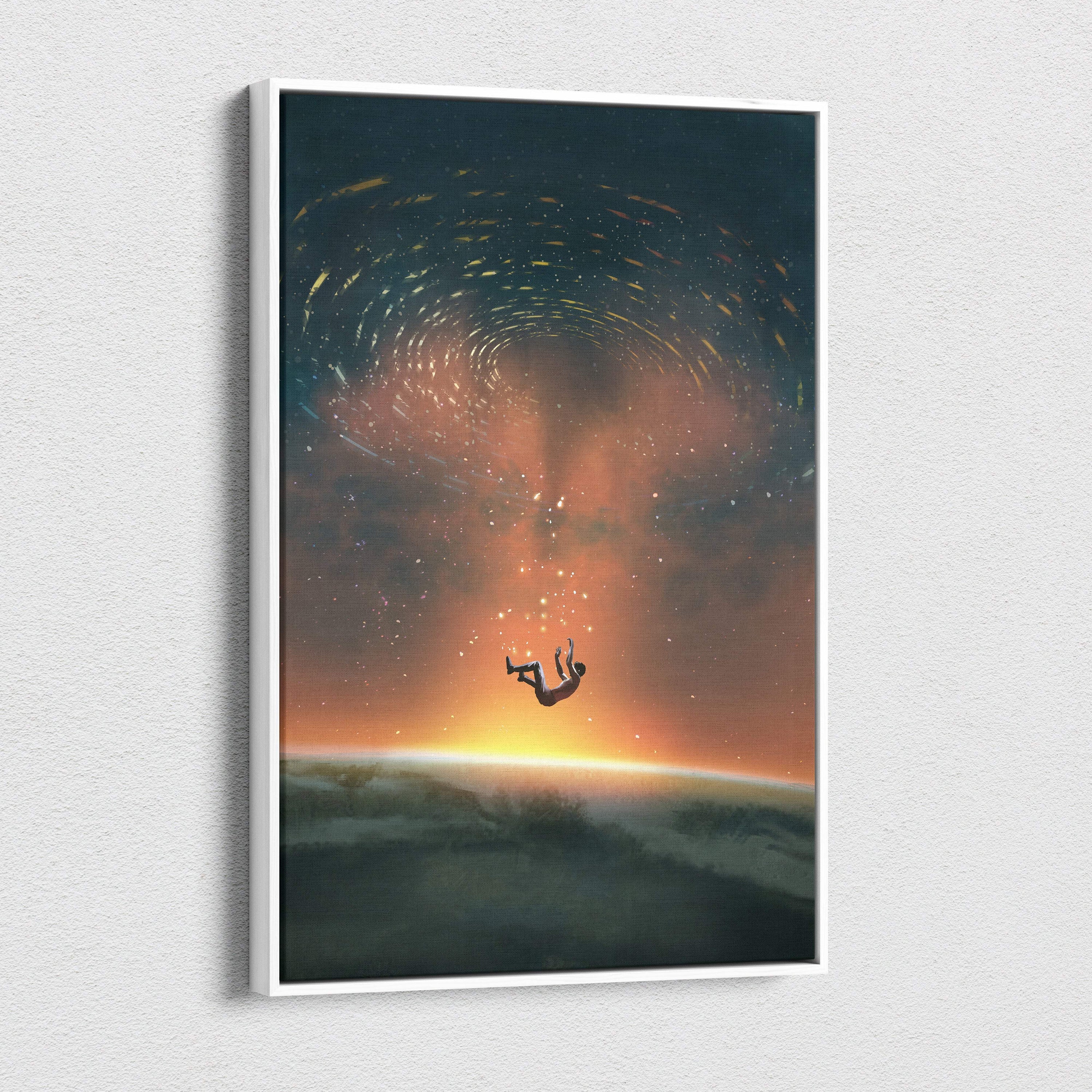 A framed canvas print of a figure falling through a swirling cosmic vortex with orange and blue hues in a white frame