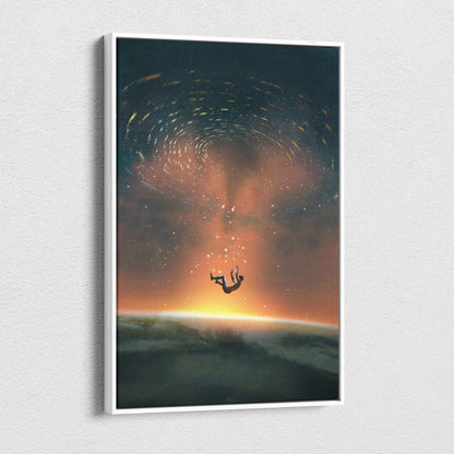 A framed canvas print of a figure falling through a swirling cosmic vortex with orange and blue hues in a white frame