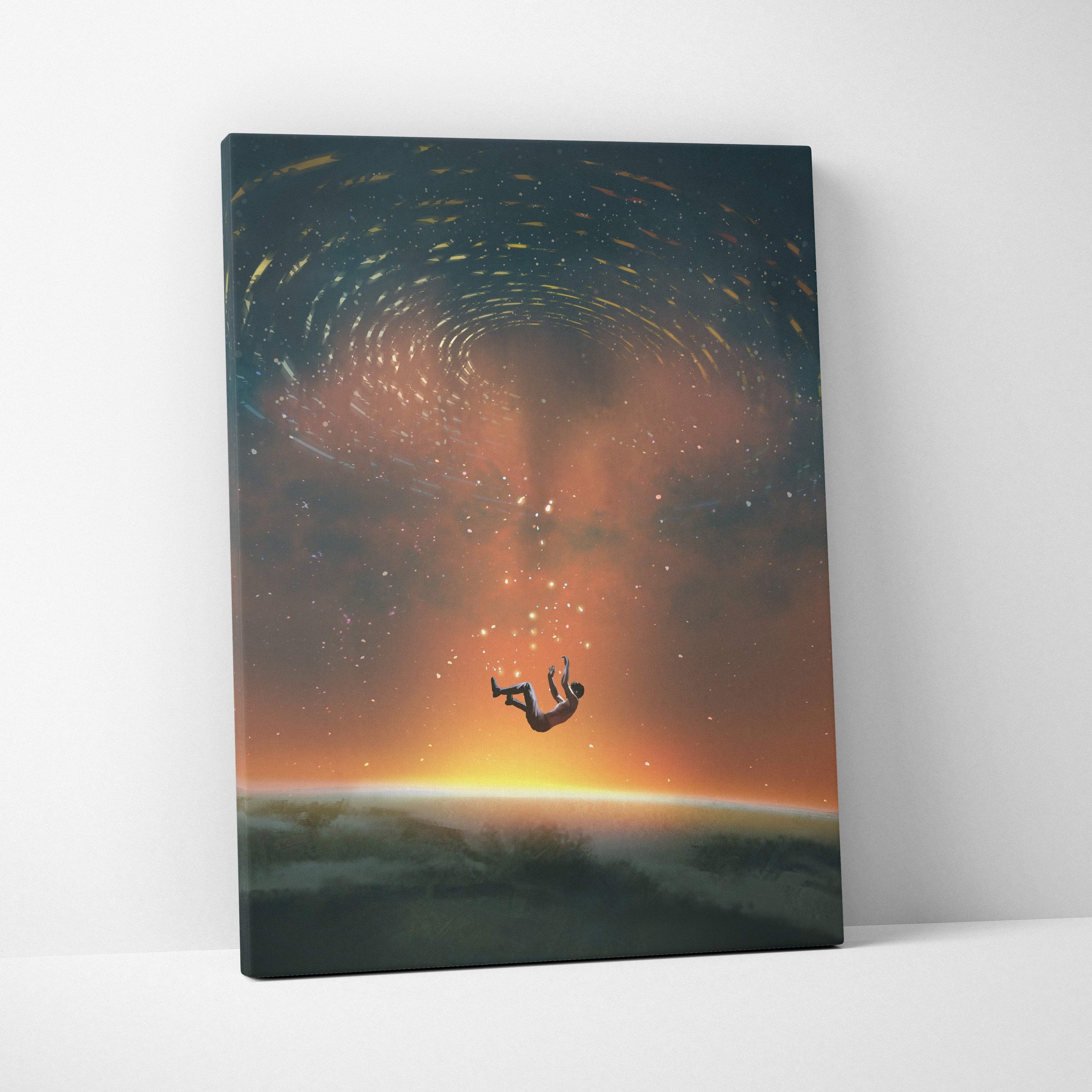 Rectangular canvas print of a surreal cosmic scene with a falling figure and orange horizon glow for wall art