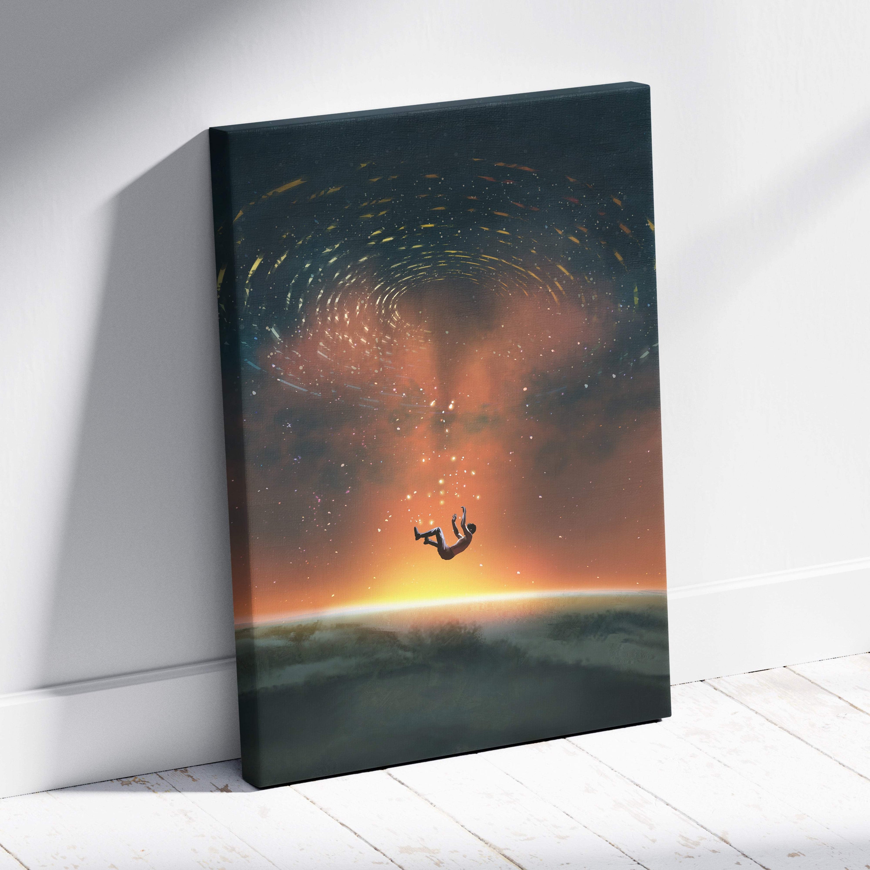 A rectangular canvas print featuring a silhouetted figure falling through a blue and orange cosmic nebula toward a glowing horizon