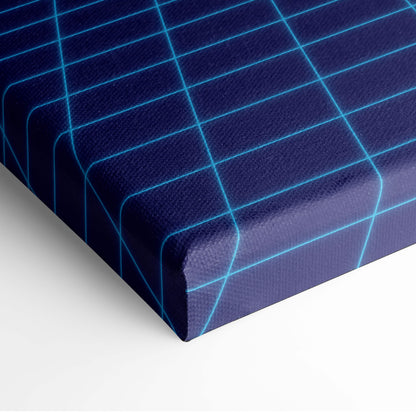 Deep navy canvas print featuring a crisp cyan glowing grid pattern in vaporwave neon retrowave style wall decor