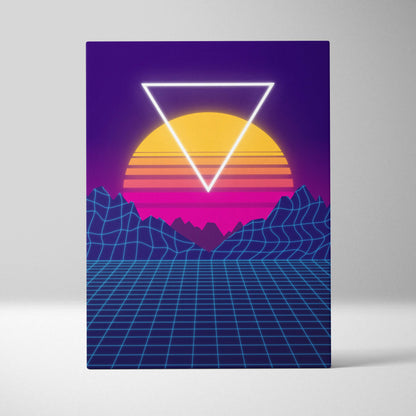 Vaporwave neon grid canvas art print with glowing white triangle over gradient sunset and blue cyberpunk mountain landscape
