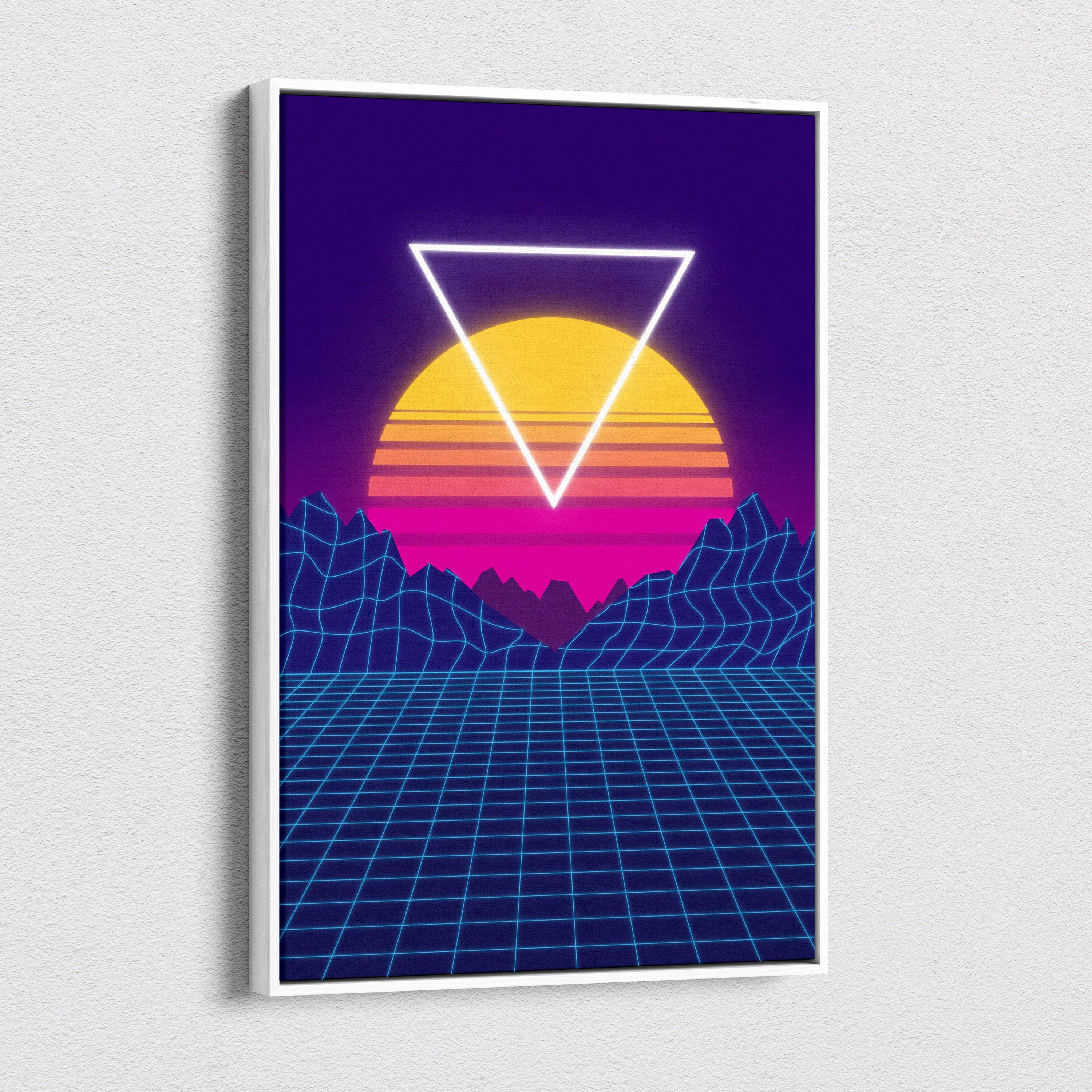 A framed vaporwave neon grid canvas art print featuring a glowing white triangle over a gradient sunset and digital landscape