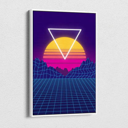A framed vaporwave neon grid canvas art print featuring a glowing white triangle over a gradient sunset and digital landscape