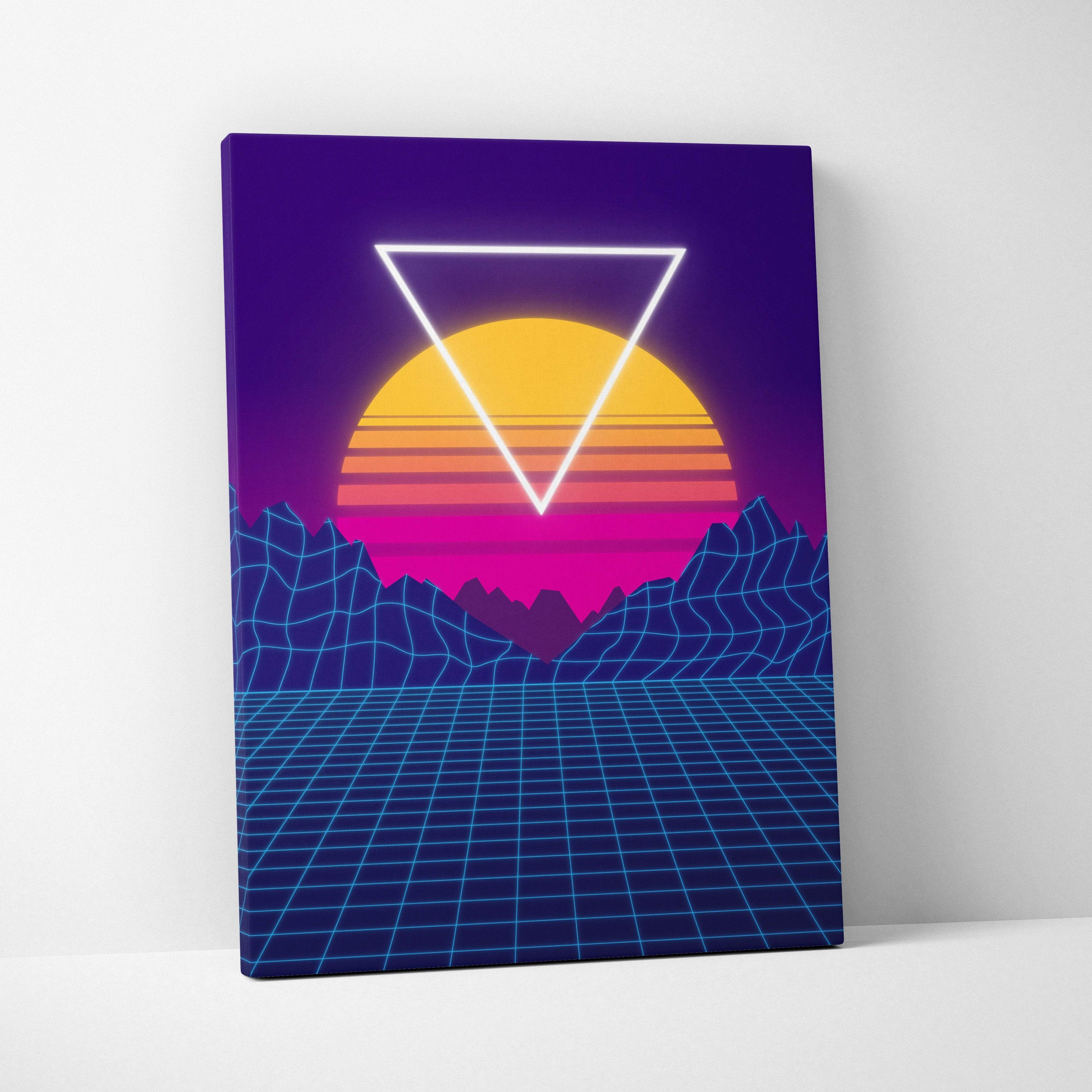 Vaporwave neon grid canvas art print with glowing white triangle over gradient sunset and blue cyberpunk mountain landscape