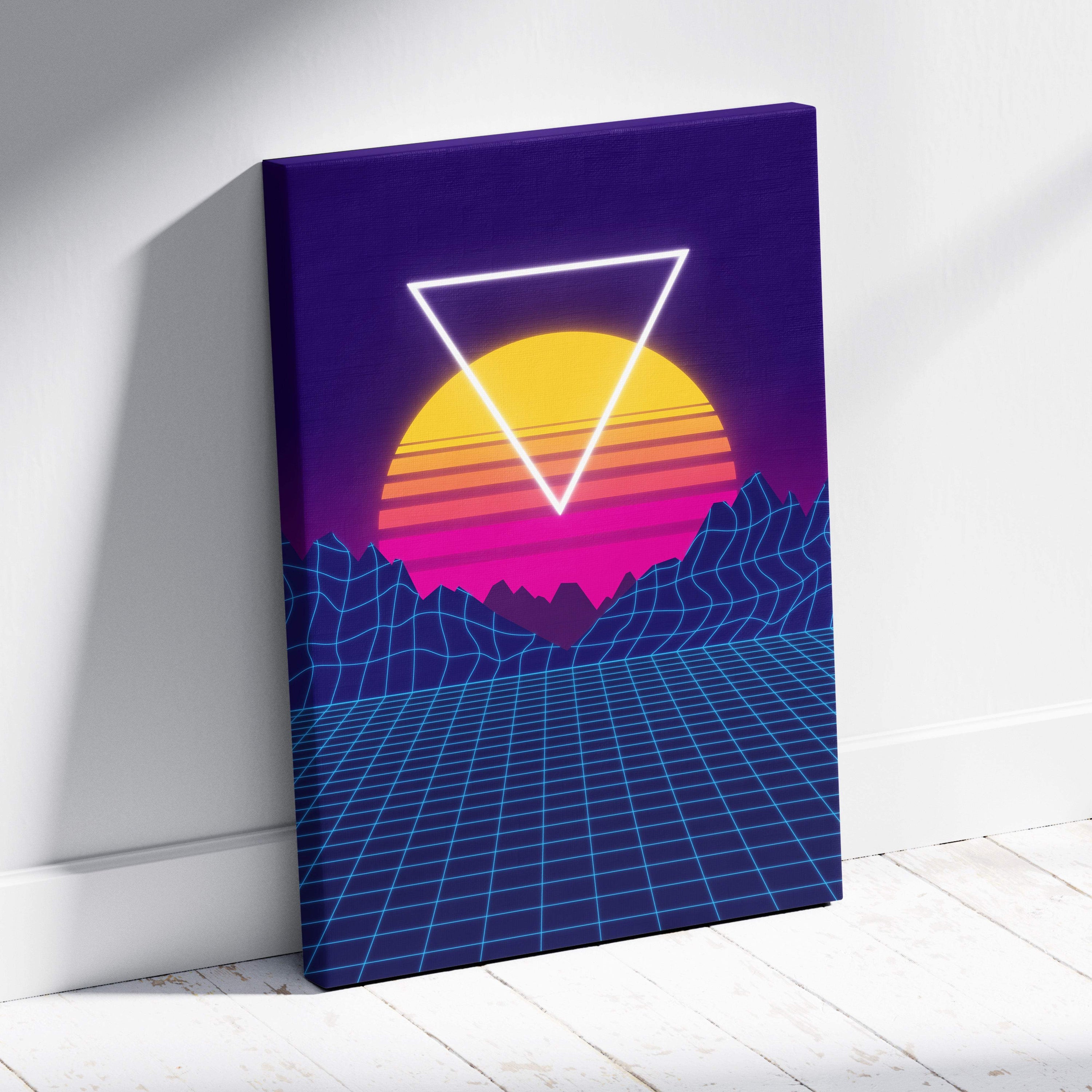 Vaporwave neon grid canvas art print featuring glowing blue neon triangle over retrowave sunset with cyberpunk mountains