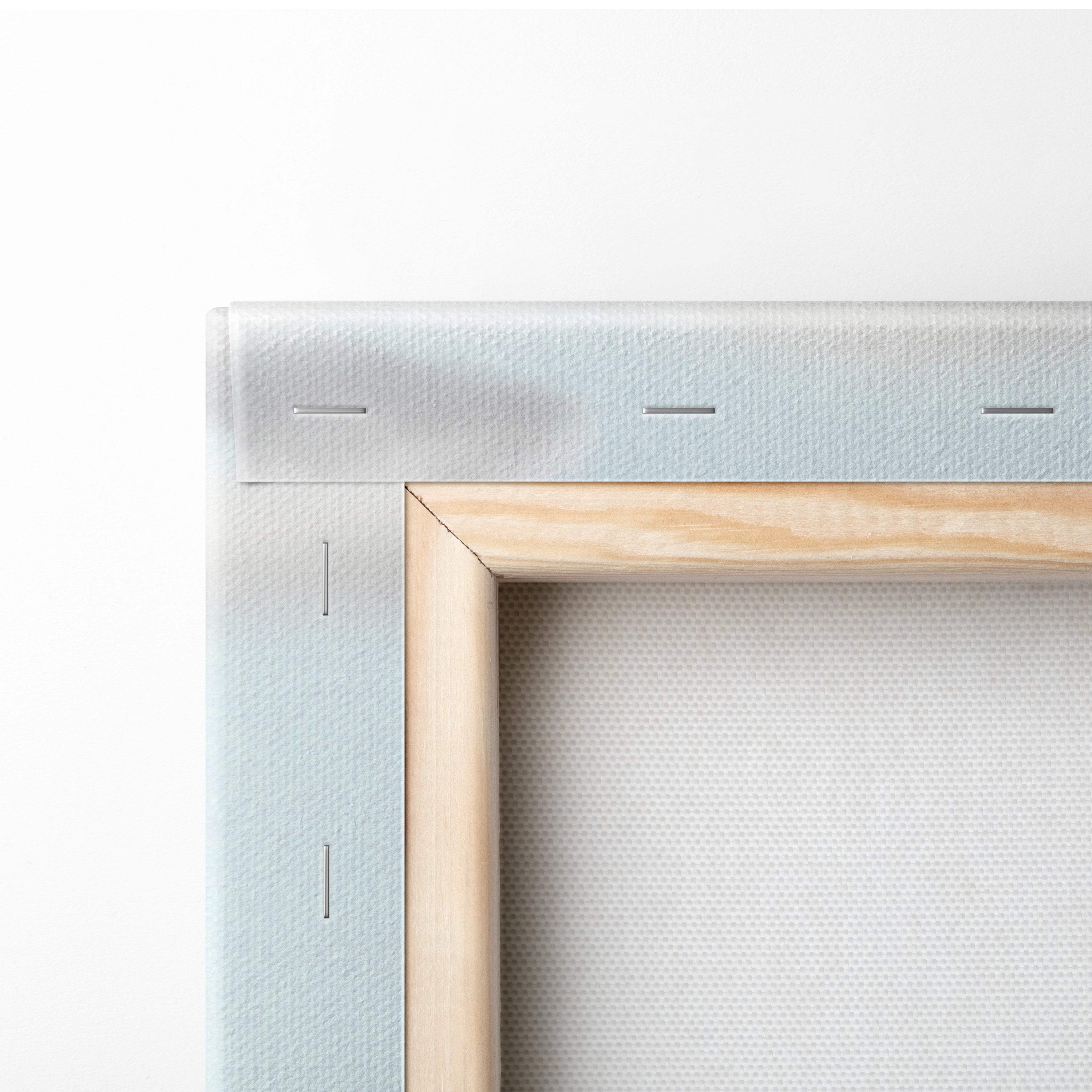 Light blue canvas wall art stretched over natural wood frame with subtle stitching from contemporary flying books print