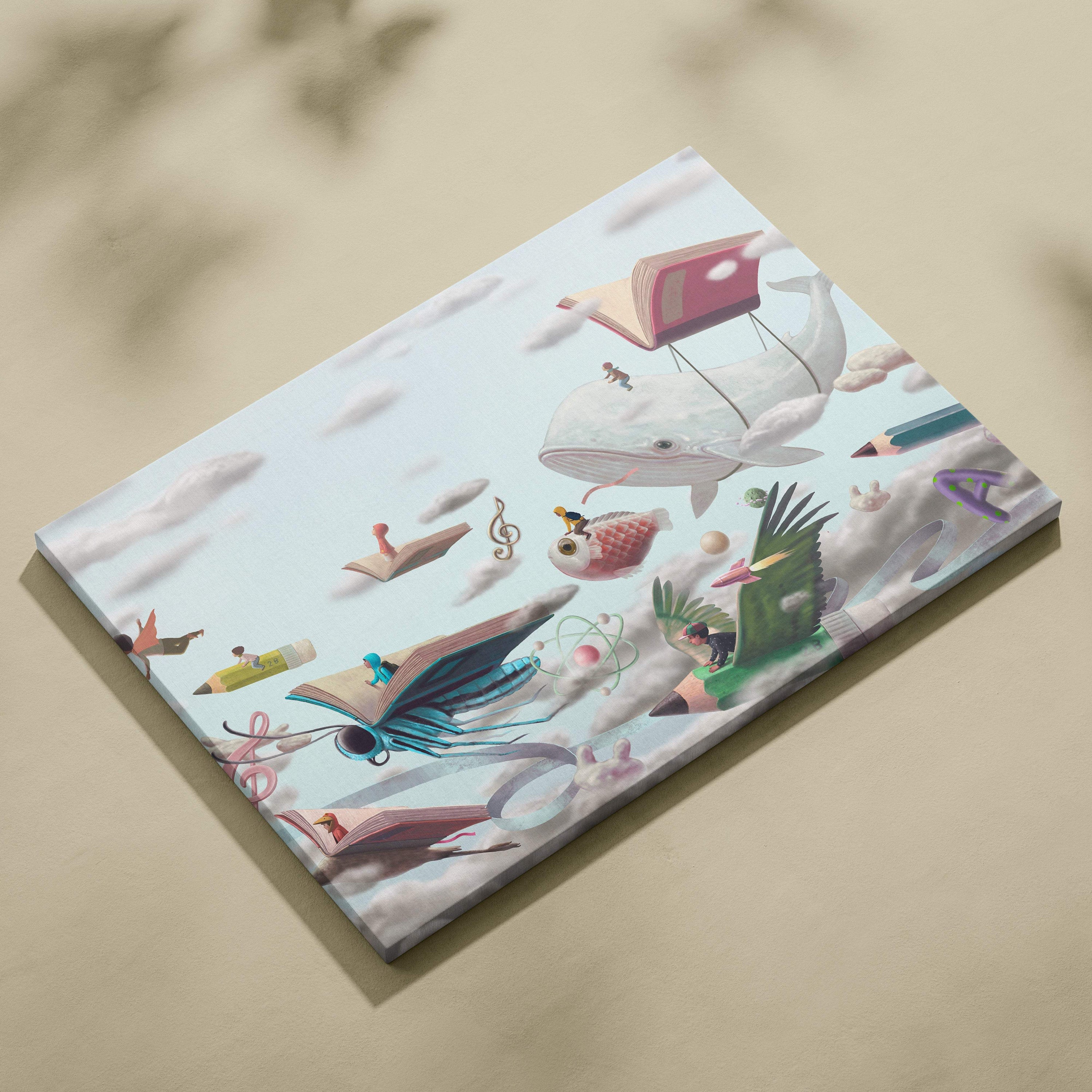 Contemporary canvas wall art featuring a white whale with an open book and flying books in a whimsical sky background
