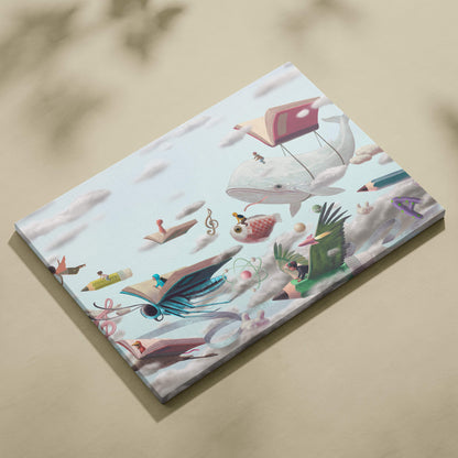 Contemporary canvas wall art featuring a white whale with an open book and flying books in a whimsical sky background
