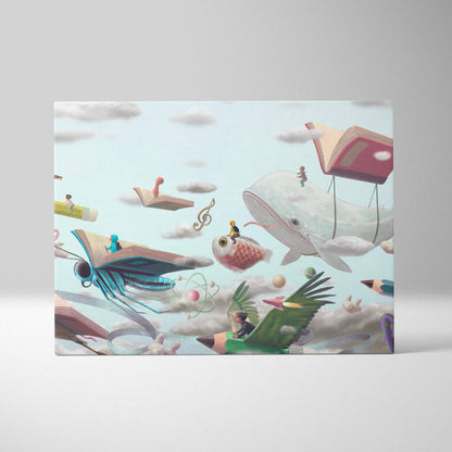 Contemporary flying books canvas wall art with surreal sky featuring floating books whales and whimsical storybook animals