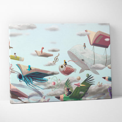 Contemporary flying books canvas wall art with a whimsical whale sky adventure featuring floating books and storybook animals