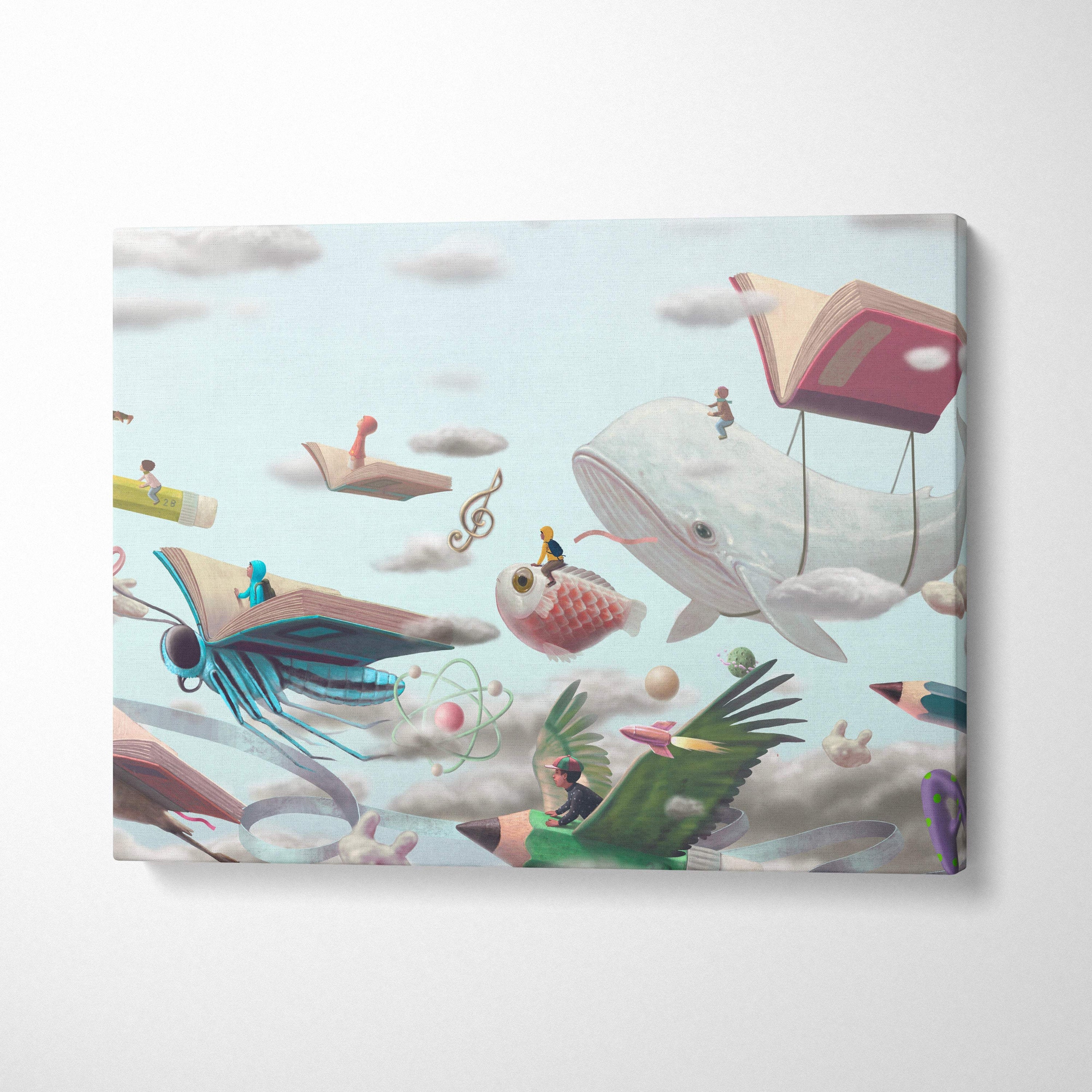 Contemporary canvas wall art featuring whimsical flying books whales and storybook animals in a surreal sky scene