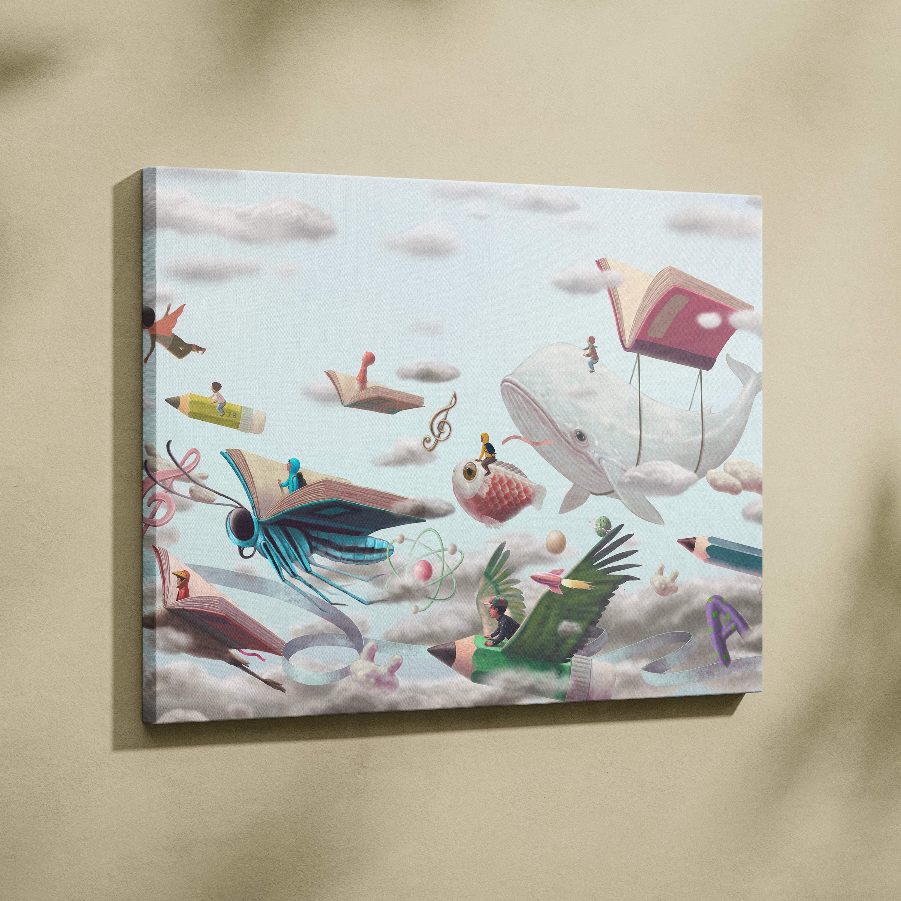 Contemporary flying books canvas wall art with surreal floating books pencils whales and butterflies against soft sky