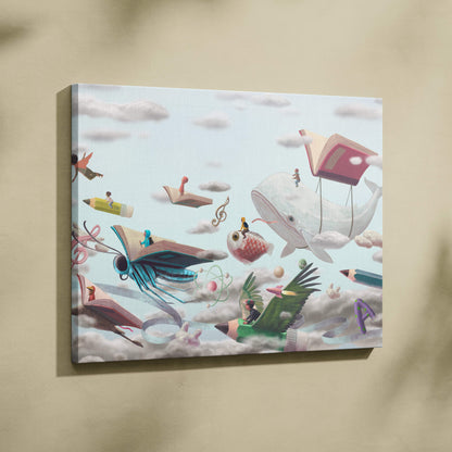 Contemporary flying books canvas wall art with surreal floating books pencils whales and butterflies against soft sky